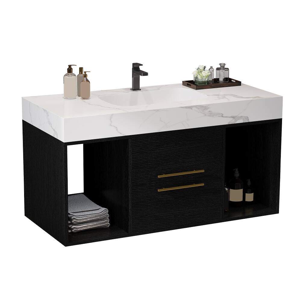 Alt View 4. Loheer - Loheer 39.4 inch floating bathroom vanity Wall Mounted Cabinet with Ceramic Sink Sintered Stone Top - White/Black.