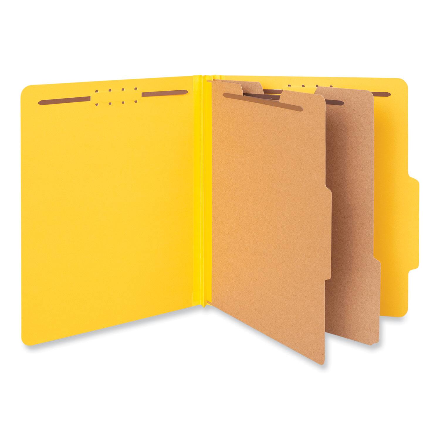 Angle. Universal - Bright Colored Pressboard  Folders, 2" Expansion, 2 Dividers, 6 Fasteners, Letter Size, Yellow Exterior, 10/Box.