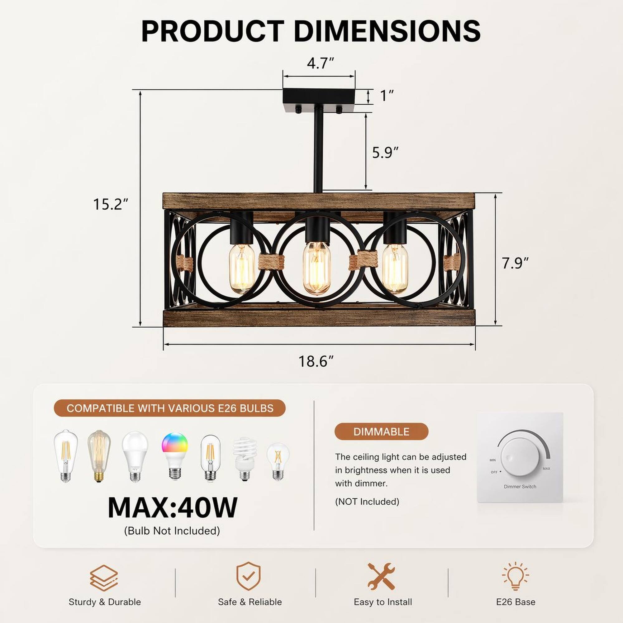 RYHNUYNE 4 Light Farmhouse Wood & Black Metal Rectangular Ceiling Light ...