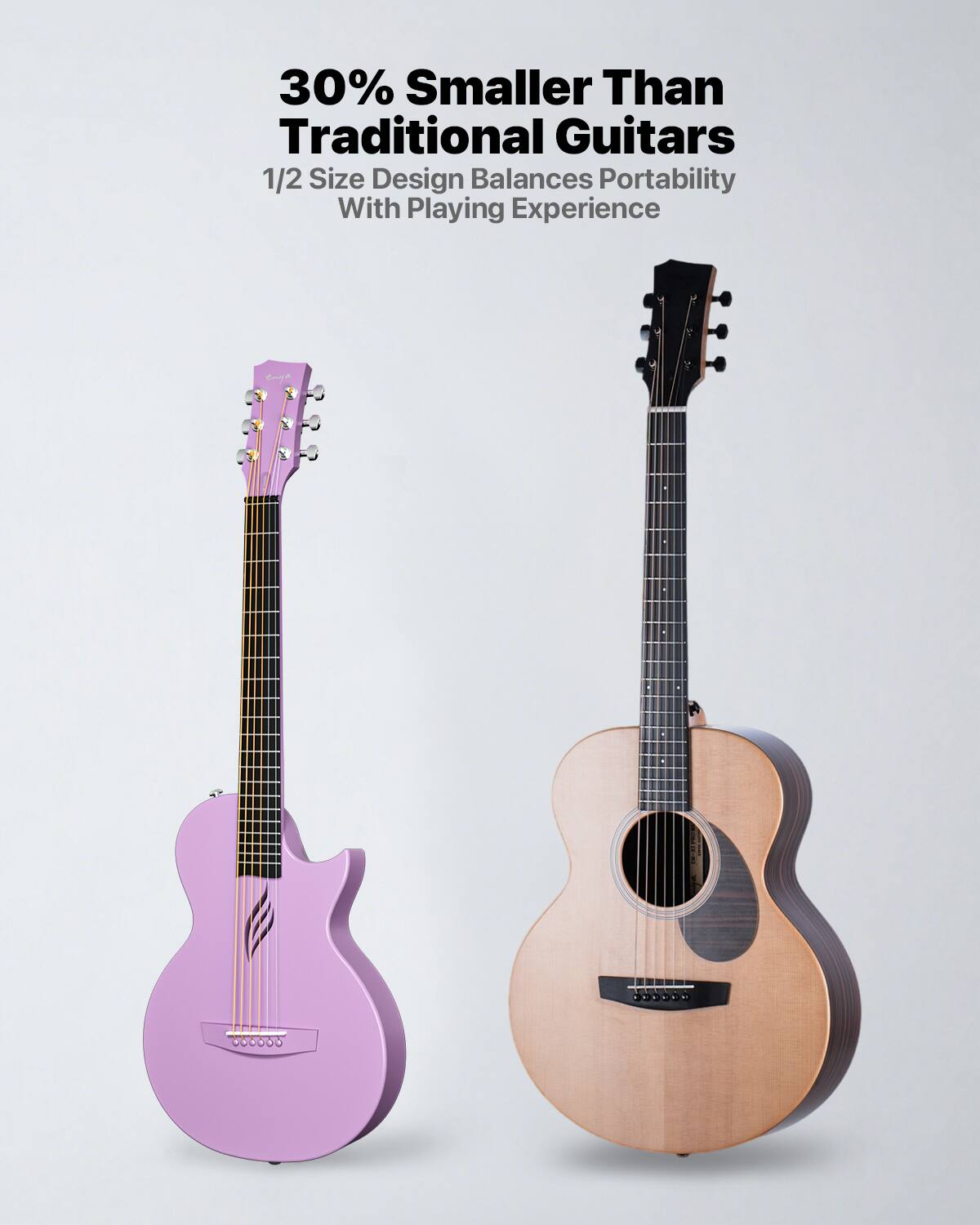 30% Smaller Than Traditional Guitars  
1/2 Size Design Balances Portability With Playing Experience