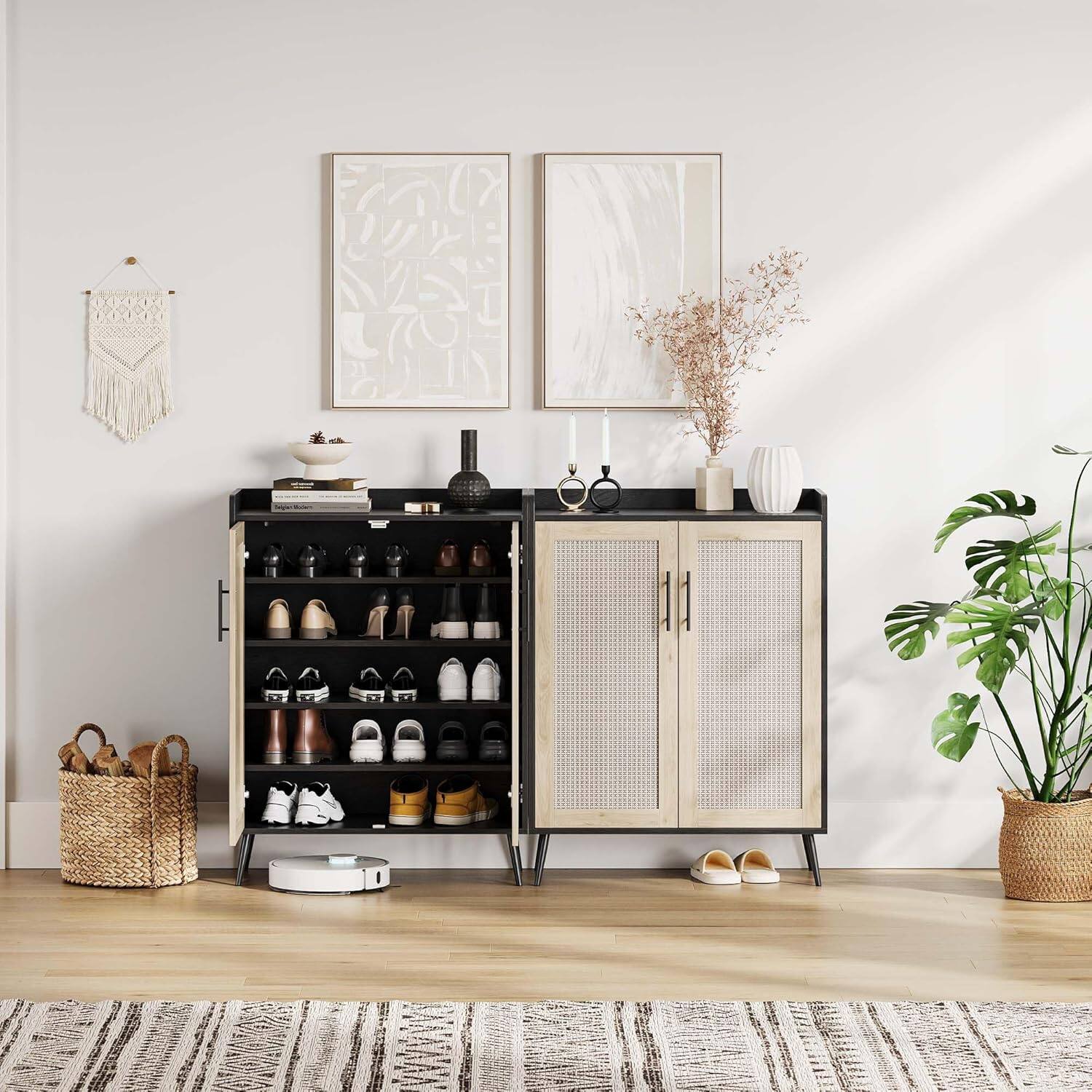 Alt View 4. Acekool - Black Rattan 5-Tier Shoe Storage Cabinet with Doors, Adjustable Shelves & Metal Legs for Entryway, Hallway - Black+natural.