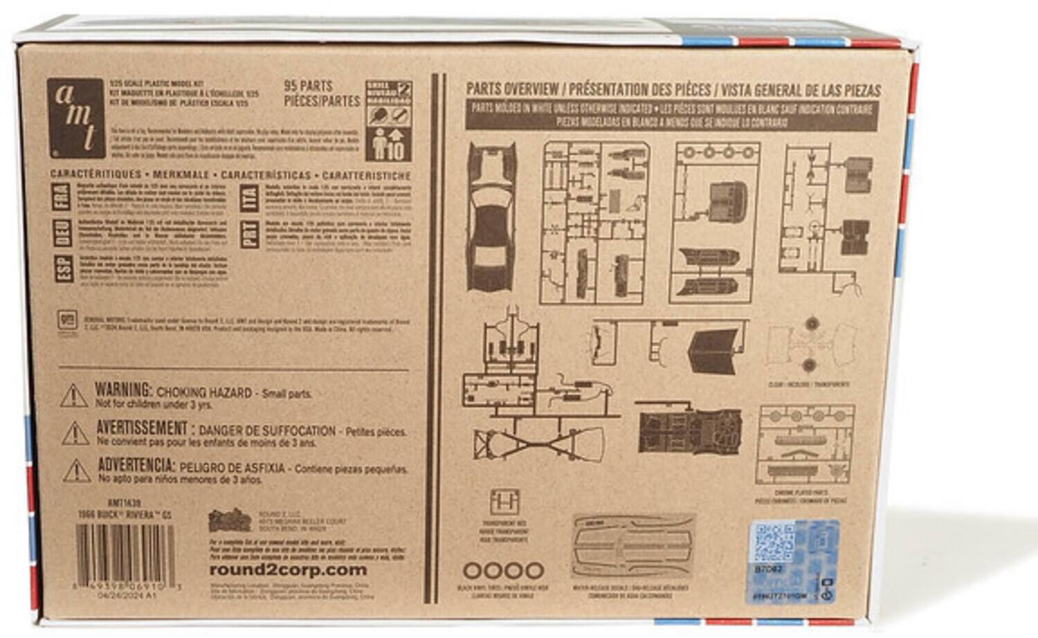 125 SCALE  
95 PARTS  
a m t  

CARACTERISTIQUES / MERKMALE / CARACTERÍSTICAS / CARATTERISTICHE  

FRA  
ITA  
DEU  
PRT  
ESP  

PARTS OVERVIEW / PRÉSENTATION DES PIÈCES / VISTA GENERAL DE LAS PIEZAS  
PARTS MODELED IN WHITE UNLESS OTHERWISE INDICATED  

WARNING: CHOKING HAZARD - Small parts. Not for children under 3 yrs.  
AVERTISSEMENT: DANGER DE SUFFOCATION - Petites pièces. Ne convient pas pour les enfants de moins de 3 ans.  
ADVERTENCIA: PELIGRO DE ASFIXIA - Contiene piezas pequeñas. No apto para niños menores de 3 años.  

1964 RIVERA "GS"  

round2corp.com  

06910  
B742