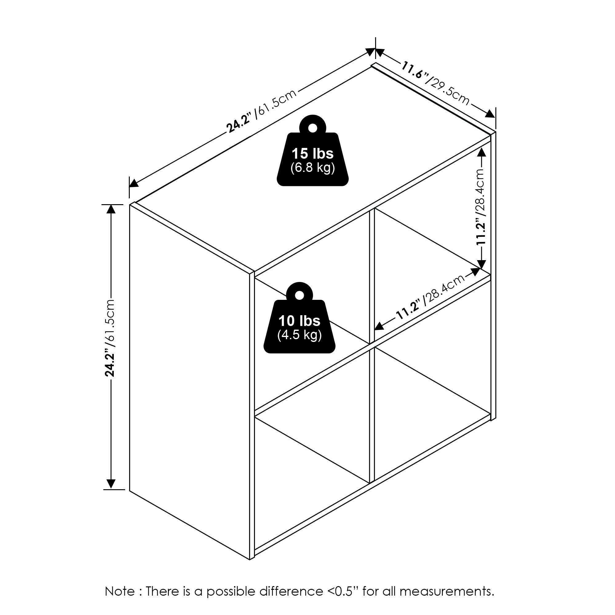 - 24.2" / 61.5cm
- 11.6" / 29.5cm
- 11.2" / 28.4cm
- 4cm
- 15 lbs (6.8 kg)
- 10 lbs (4.5 kg)
- Note: There is a possible difference <0.5" for all measurements.