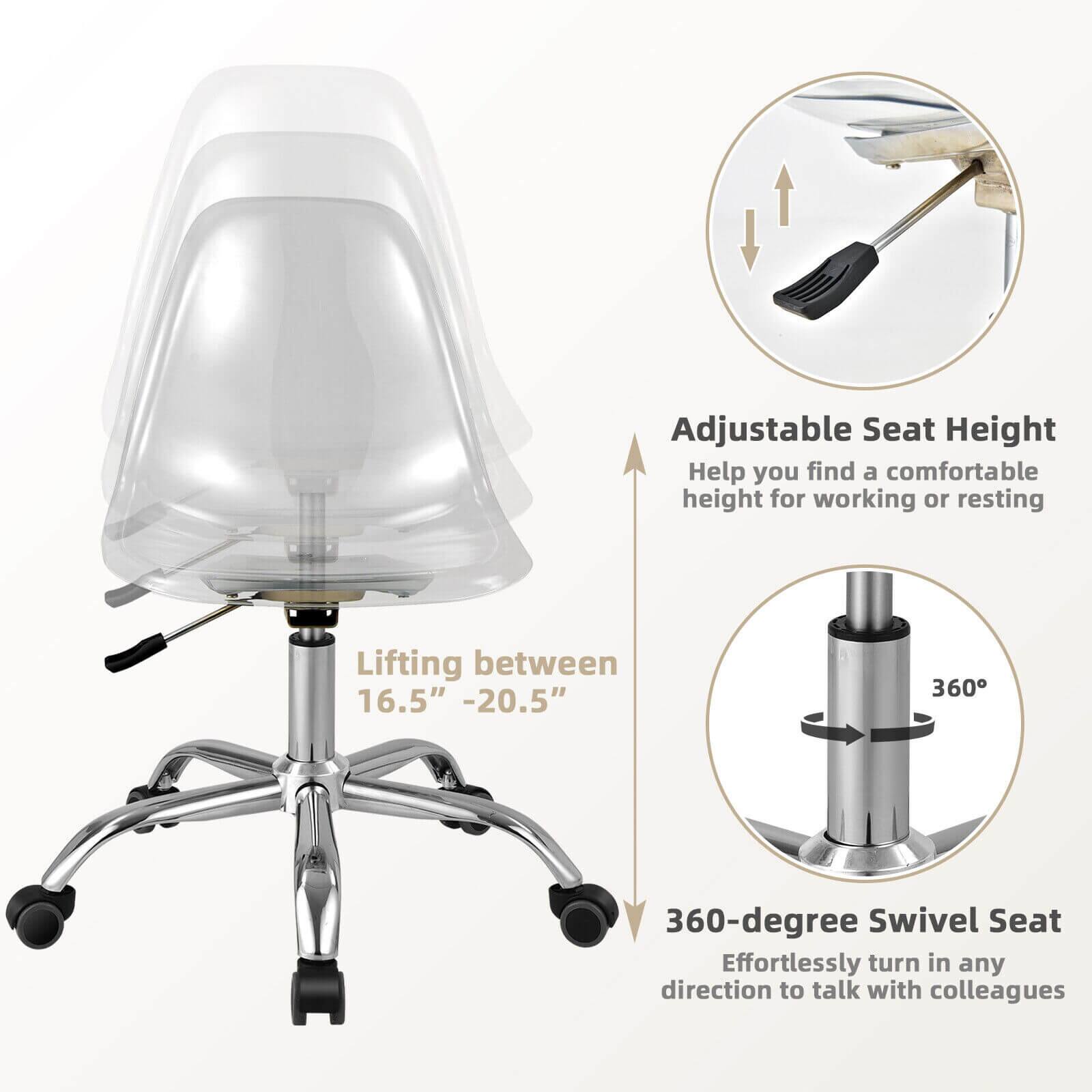 The image features a chair with an adjustable seat height, which helps users find a comfortable height for working or resting. The chair has a 360-degree swivel seat, allowing users to effortlessly turn in any direction to talk with colleagues. The chair also has a lifting feature between 16.5" - 20.5" to provide additional comfort and support.