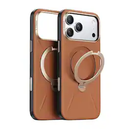 TORRAS - Ostand Q3 Vegan Leather Case for iPhone 18 Pro Max / iPhone 17 Pro Max, Magnetic Case with 360° Ring Stand - Amber Brown