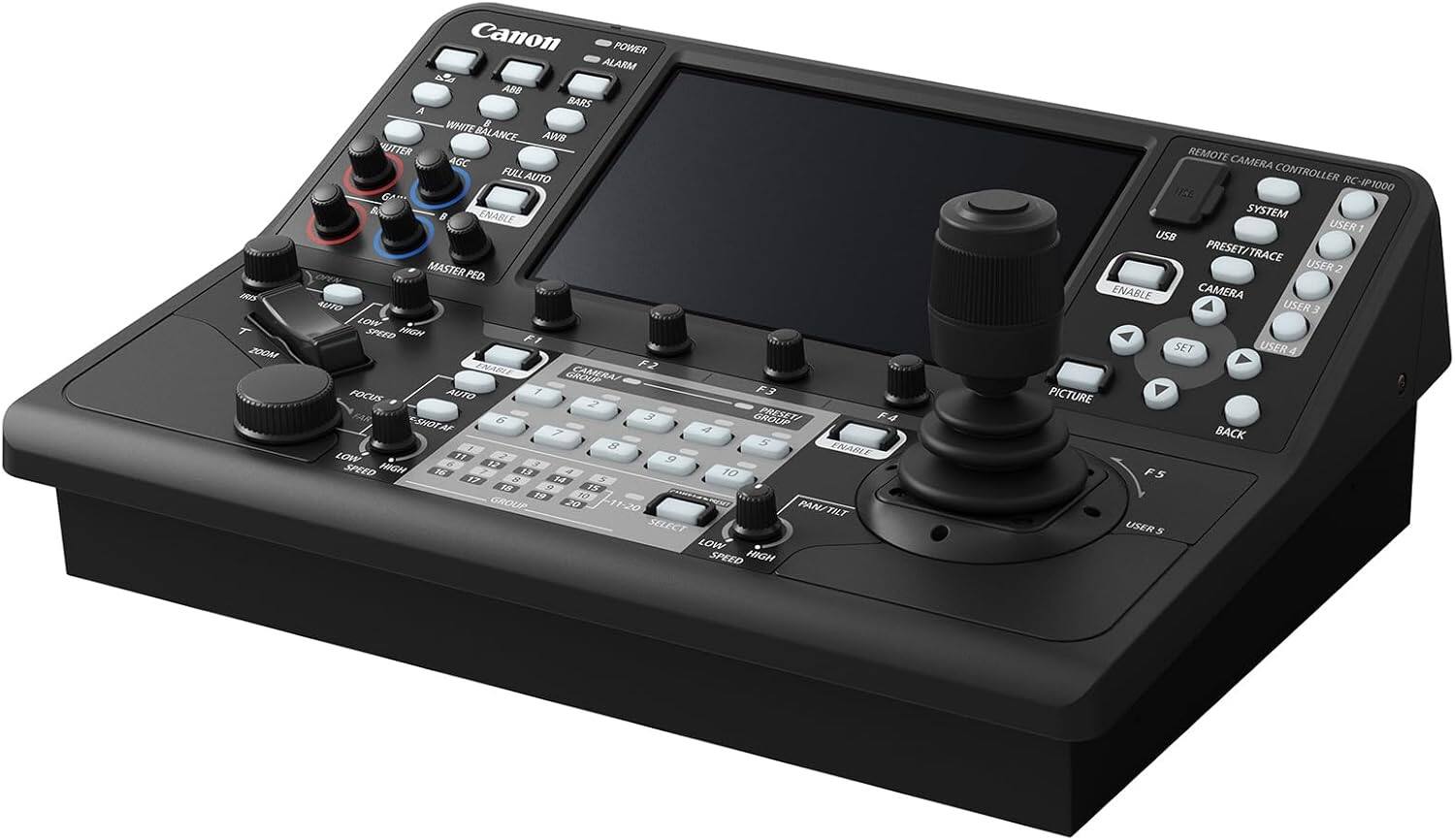 Canon POWER ALARM ABB BARS A WHITE & BALANCE BAL AWB UTTER AGC FULL AUTO 6 A ENABLE MASTER PEO. CP AUTO LOW SPEED HO F1 ENAKT F2 GROUP CAMERA FOCUS AUTO 1 F3 2 VNE D 3 PRESETT F4 AF 7 A 8 5 A INABLE LOW 11 9 HIGH 12 SPEED 16 1 10 17 5 14 S 188 a IN 19 NO GROUP 20 -11-20 PANFTILT SELECT LOW SPEED HIGH REMOTE CAMERA CONTROLLER RC-IP100 SYSTEM USER USB PRESET/ TRACE USER 2 ENABLE CAMERA USER 3 SET USER PICTURE BACK FS USER 5
