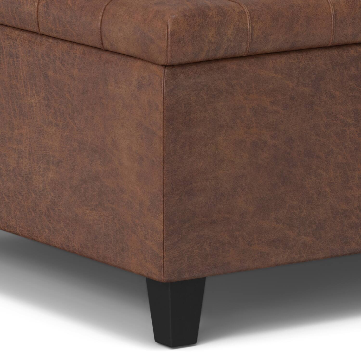 Alt View 4. Simpli Home - Harrison 30 inch Wide Small Square Coffee Table Storage Ottoman in Distressed Saddle Brown Vegan Leather - Distressed Saddle Brown.