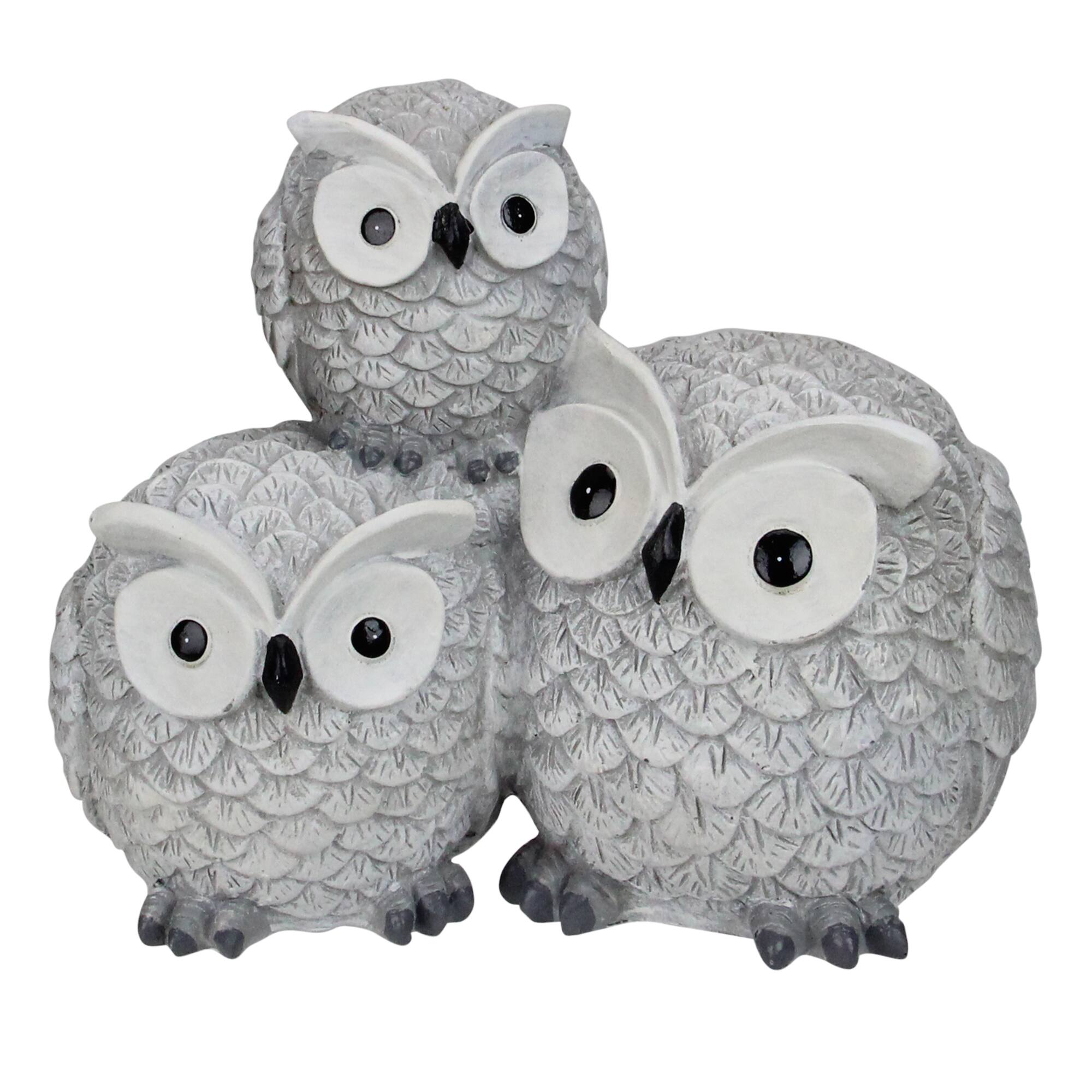 Front. Roman - 7.25" Gray Wide Eyed Outdoor Stacked Owl Garden Statue - Gray.