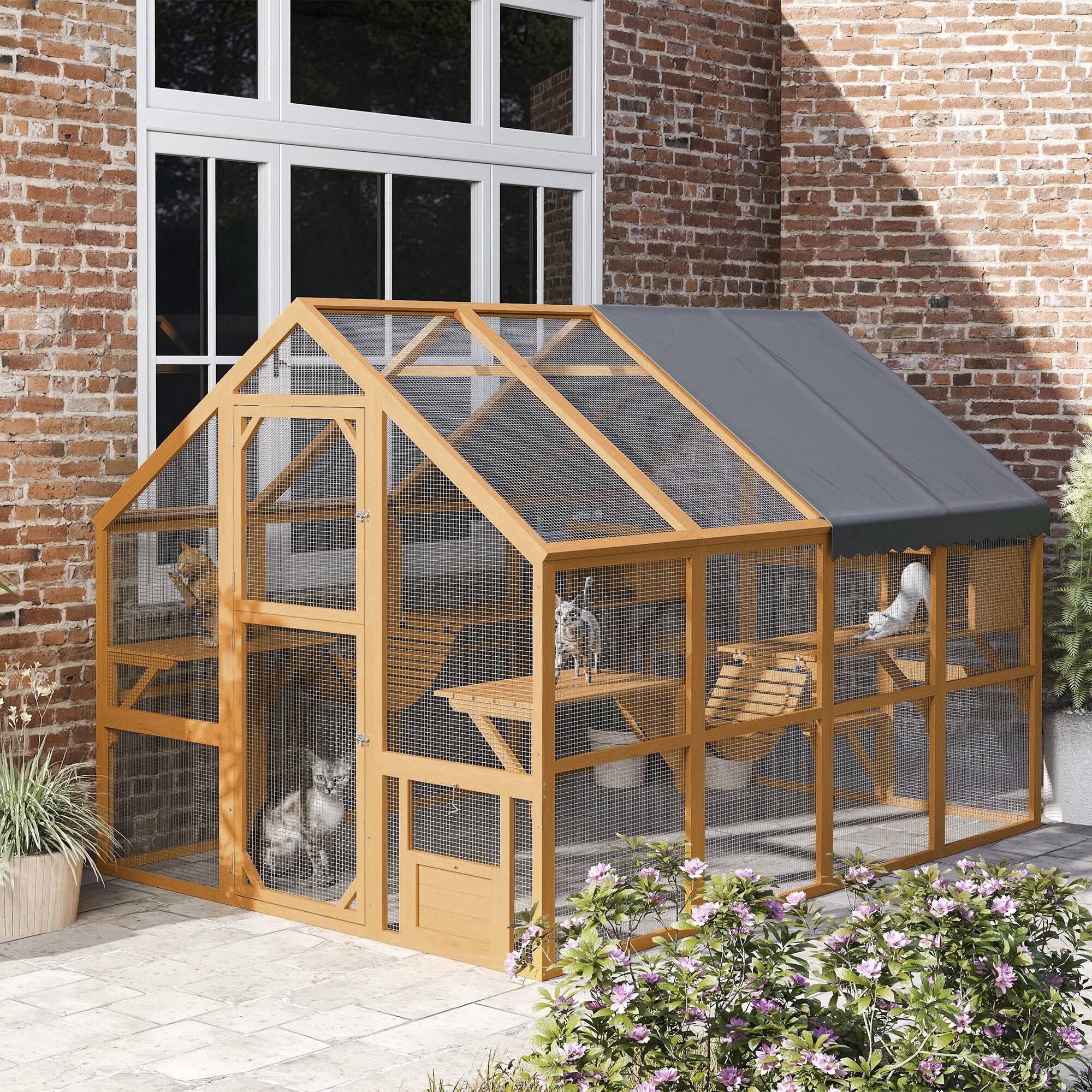 Alt View 4. Pawhut - Large Catio Outdoor Enclosure, for Multiple Kittens, Waterproof Cover, 2 Condos, 6 Platforms, 110"x73"x74".