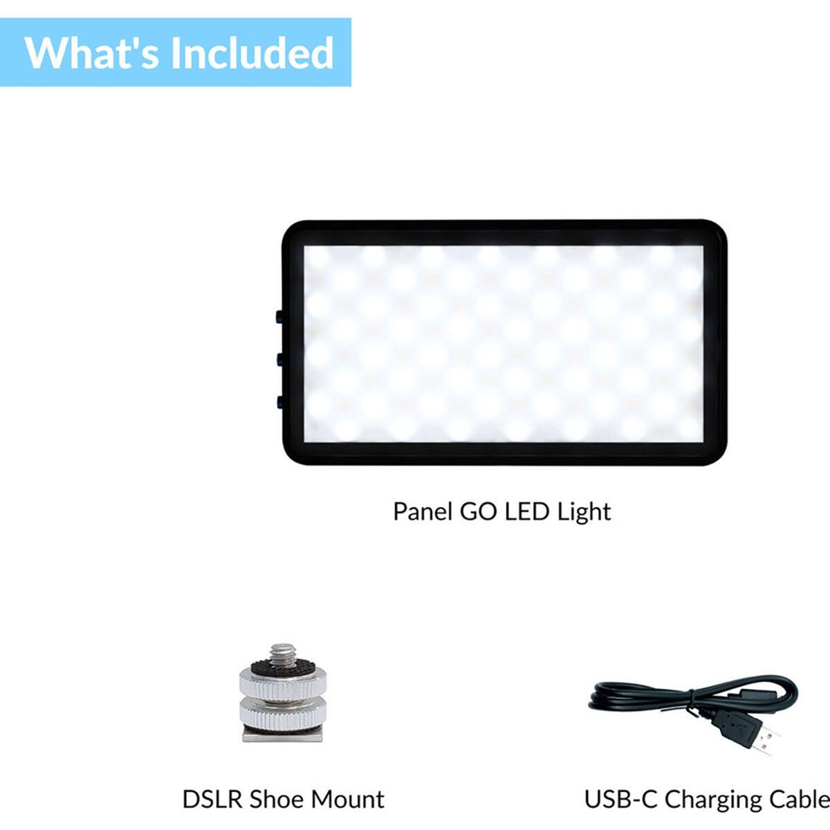 What's Included

- Panel GO LED Light
- DSLR Shoe Mount
- USB-C Charging Cable