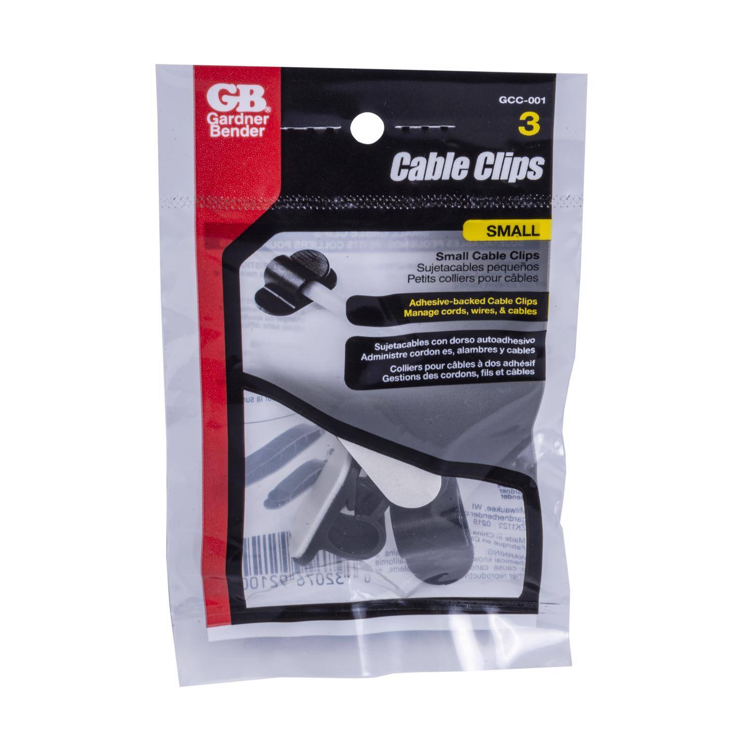 GB Gardner Bender GCC-001 3 Cable Clips POU COLLIERS SMALL Small Cable Clips Sujetacables pequeños Petits colliers pour cables Adhesive-backed Cable Clips Manage cords, wires, & cables con dorso autoadhesivo Sujetacables cordon es. alambres y cables Administre cables dos adhesivo Golliers pour et cables des cordons, fils Gestions des cordons, fils