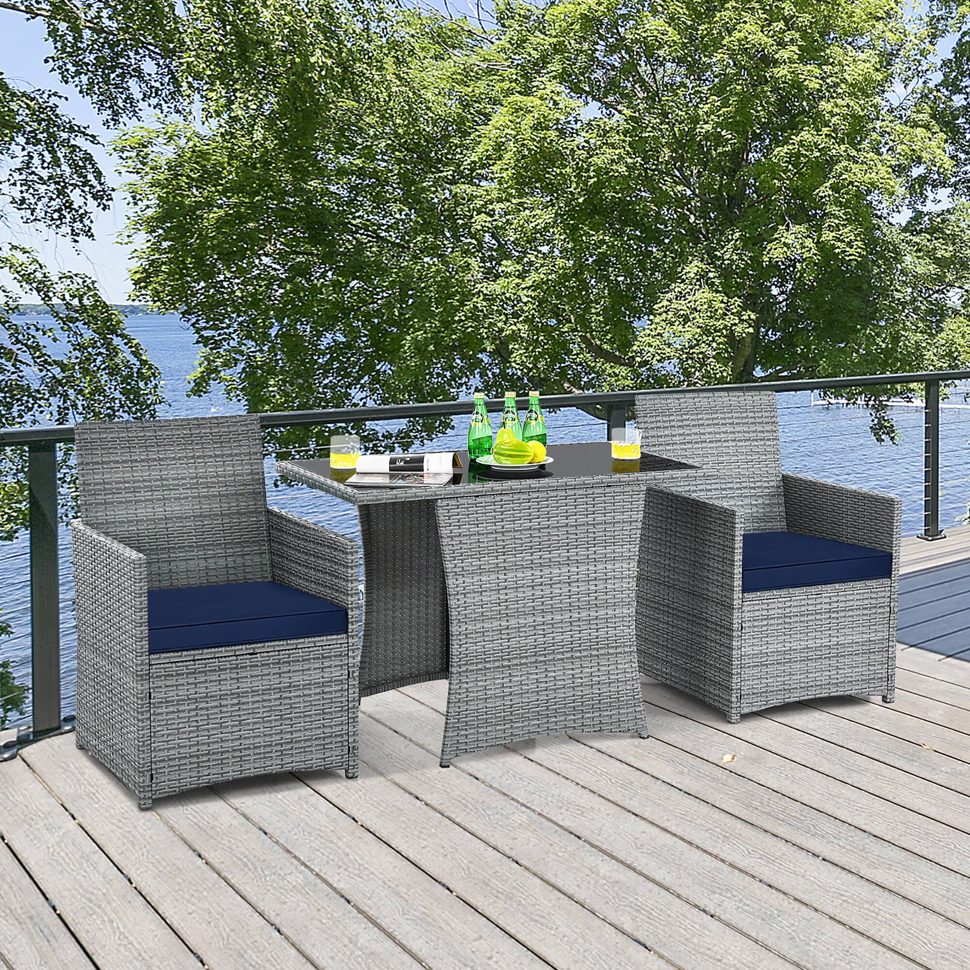 Alt View 3. Costway - Costway 3PCS Patio Rattan Furniture Set Cushioned Sofa Armrest  Garden - Navy.