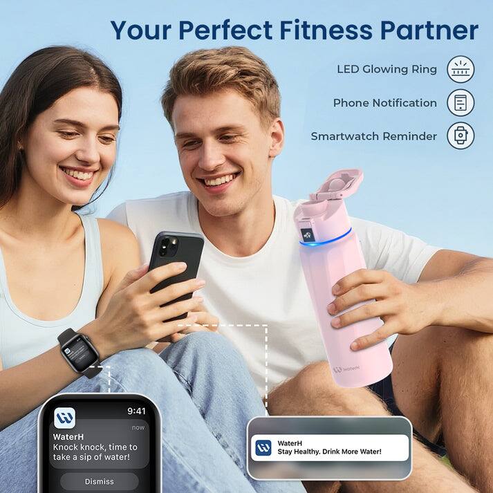 Your Perfect Fitness Partner, LED Glowing Ring, Phone Notification, Smartwatch Reminder, WaterH 9:41, W now, WaterH, Knock knock, time to take a sip of water!, WaterH, Stay Healthy. Drink More Water!, Dismiss.