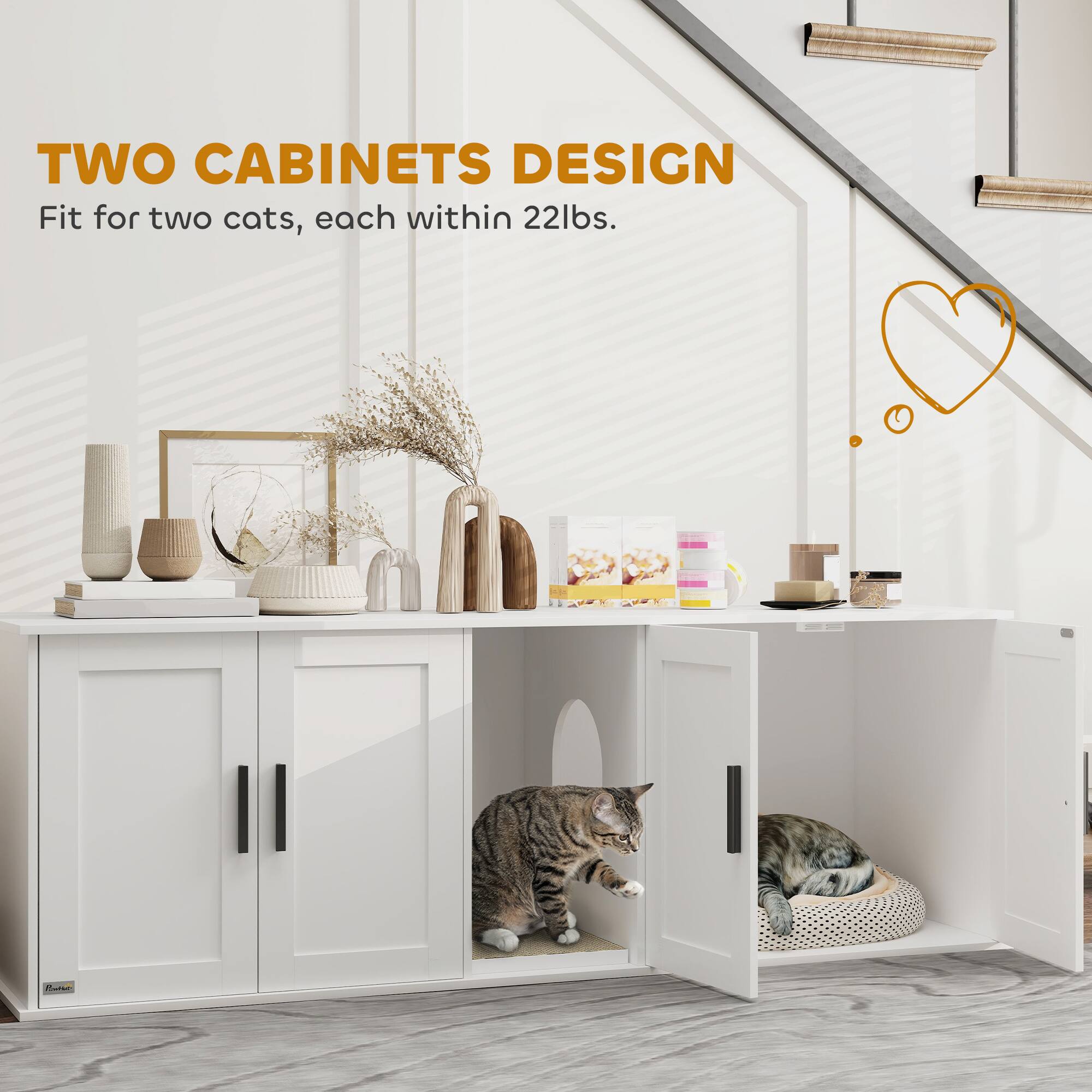TWO CABINETS DESIGN  
Fit for two cats, each within 22lbs.