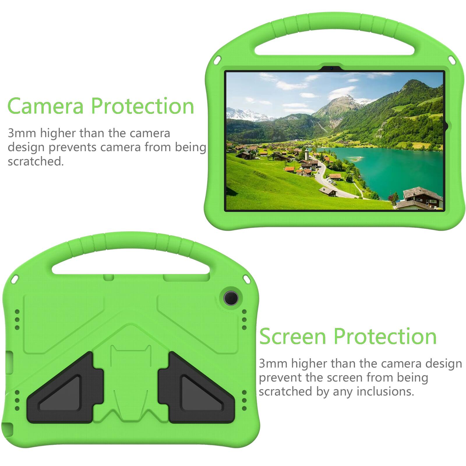 Camera Protection  
3mm higher than the camera design prevents camera from being scratched.  

Screen Protection  
3mm higher than the camera design prevent the screen from being scratched by any inclusions.