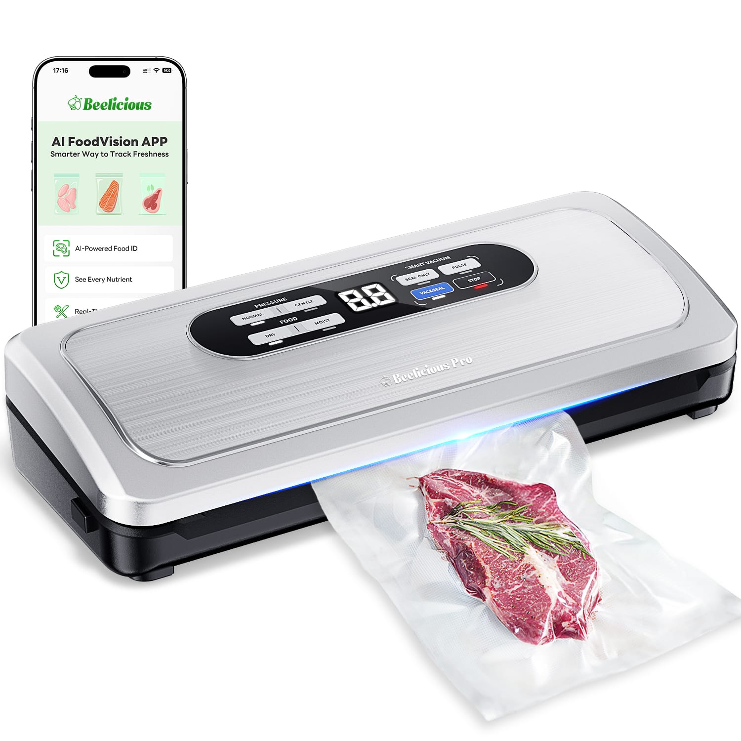 Beelicous - Vacuum Sealer Machine with AirLock ProSeal System, 10-in-1 Vacuum Sealer for Food - Silver