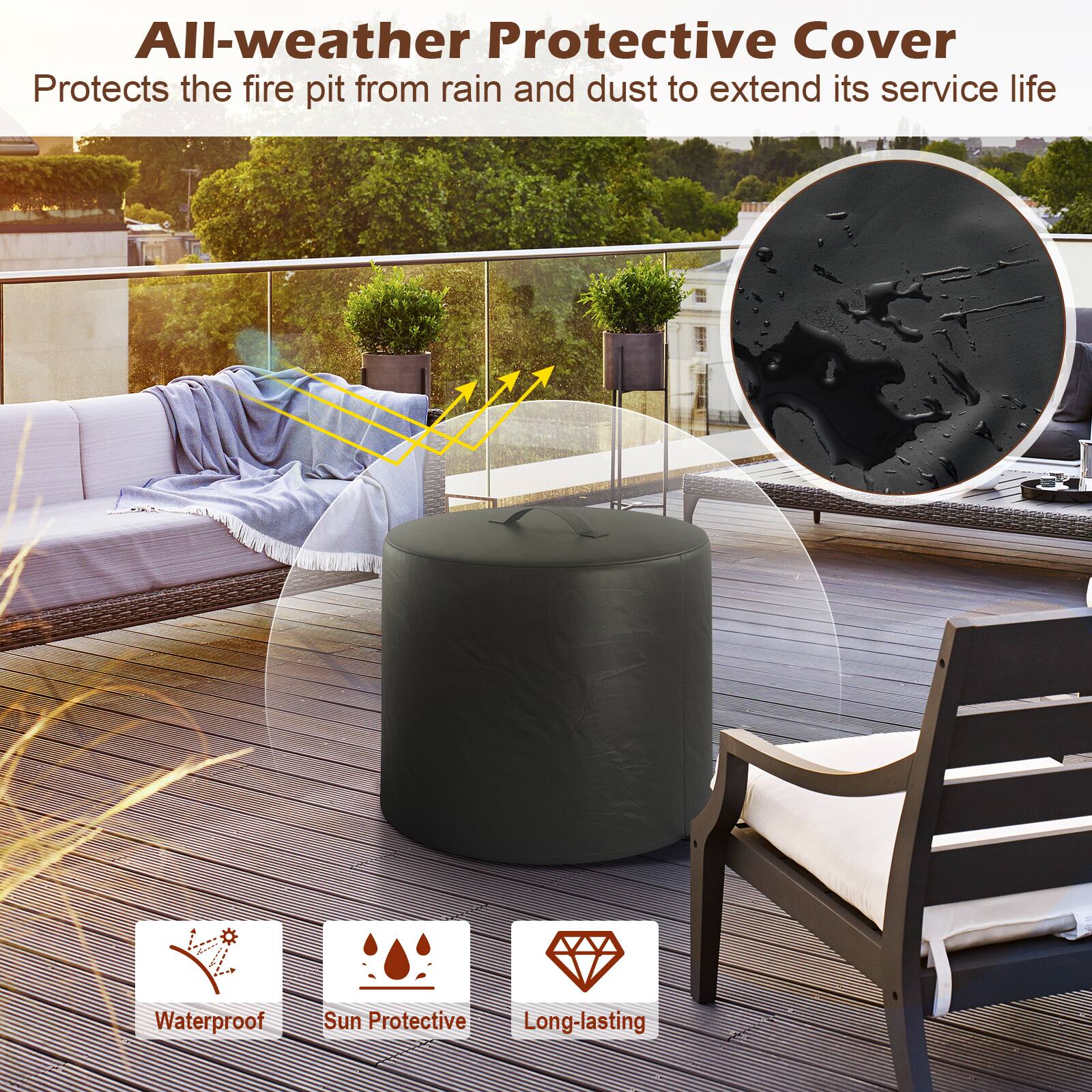 All-weather Protective Cover Protects the fire pit from rain and dust to extend its service life

Waterproof
Sun Protective
Long-lasting