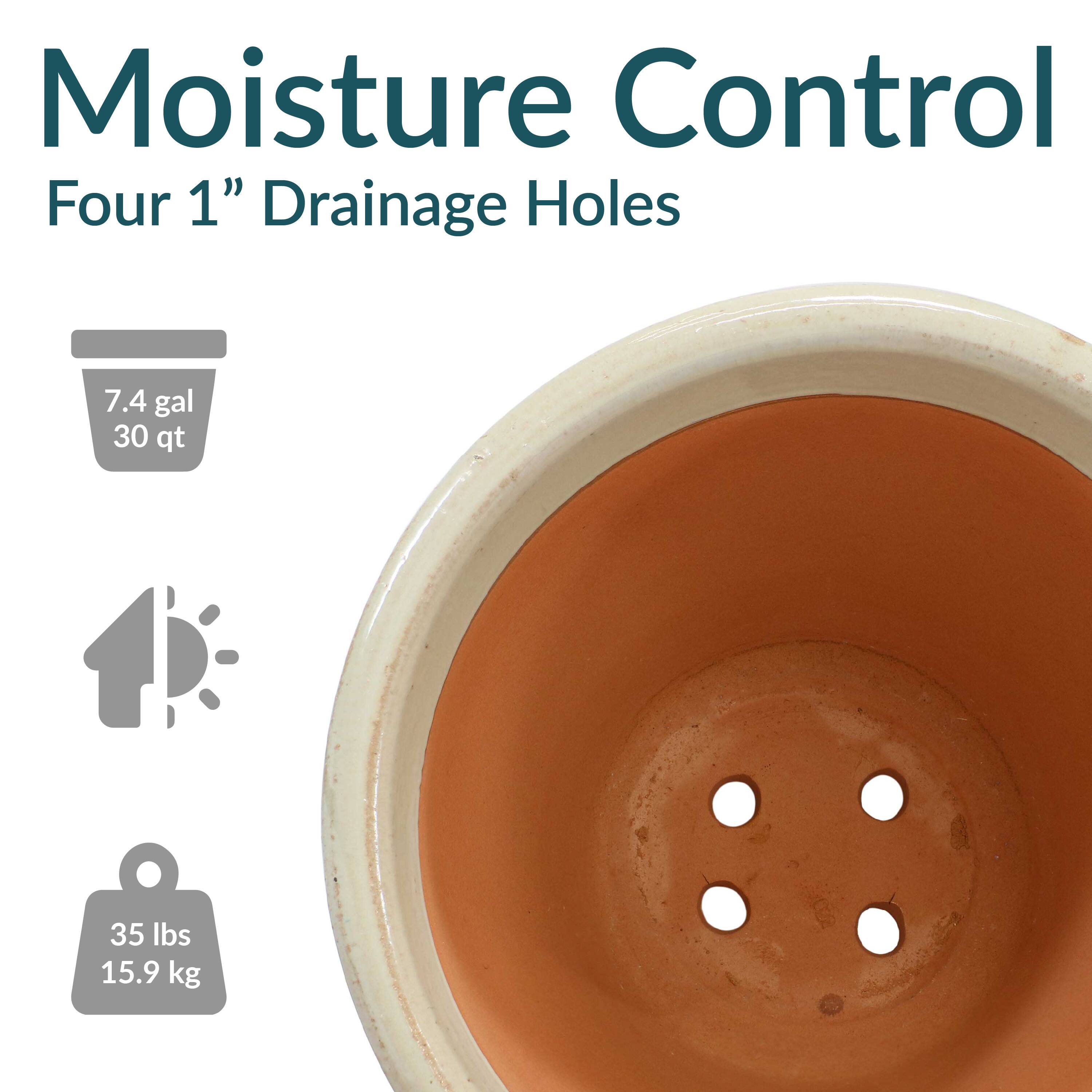 Moisture Control  
Four 1" Drainage Holes  

7.4 gal  
30 qt  

35 lbs  
15.9 kg