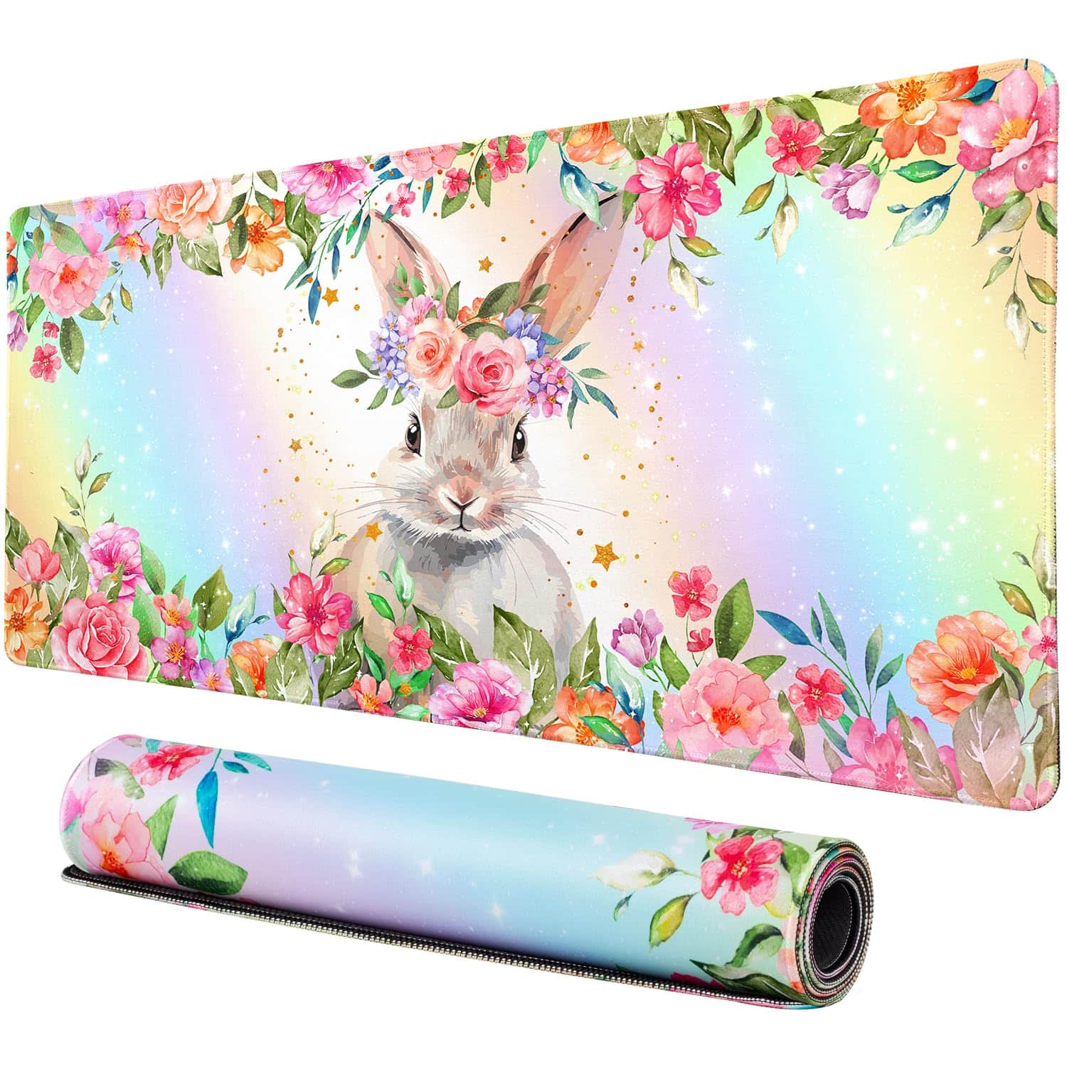 Fabibe - Desk Pad Office Mat Extended Large Gaming Mouse Decor Mousepad Writing With Non-slip Rubber Base For Laptop Home 31 - Rabbit With Flowers Crown