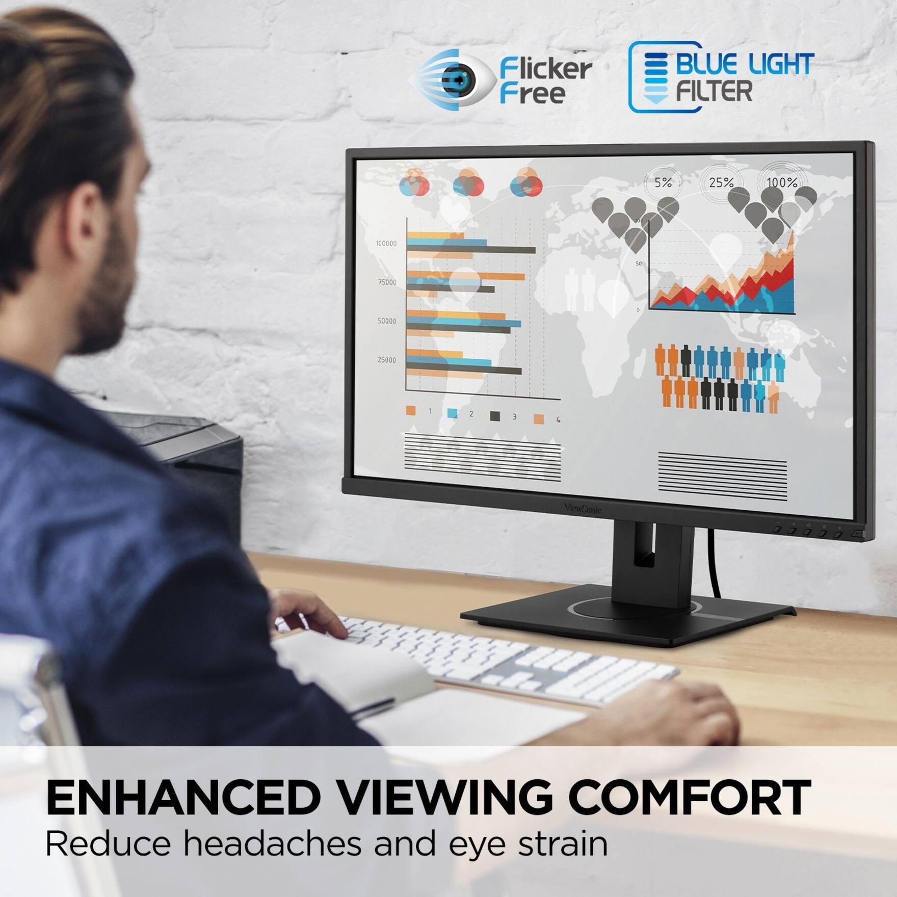 The text on the image is grouped and corrected as follows:

"Enhanced Viewing Comfort: Reduce headaches and eye strain with Flicker Free Blue Light Filter."