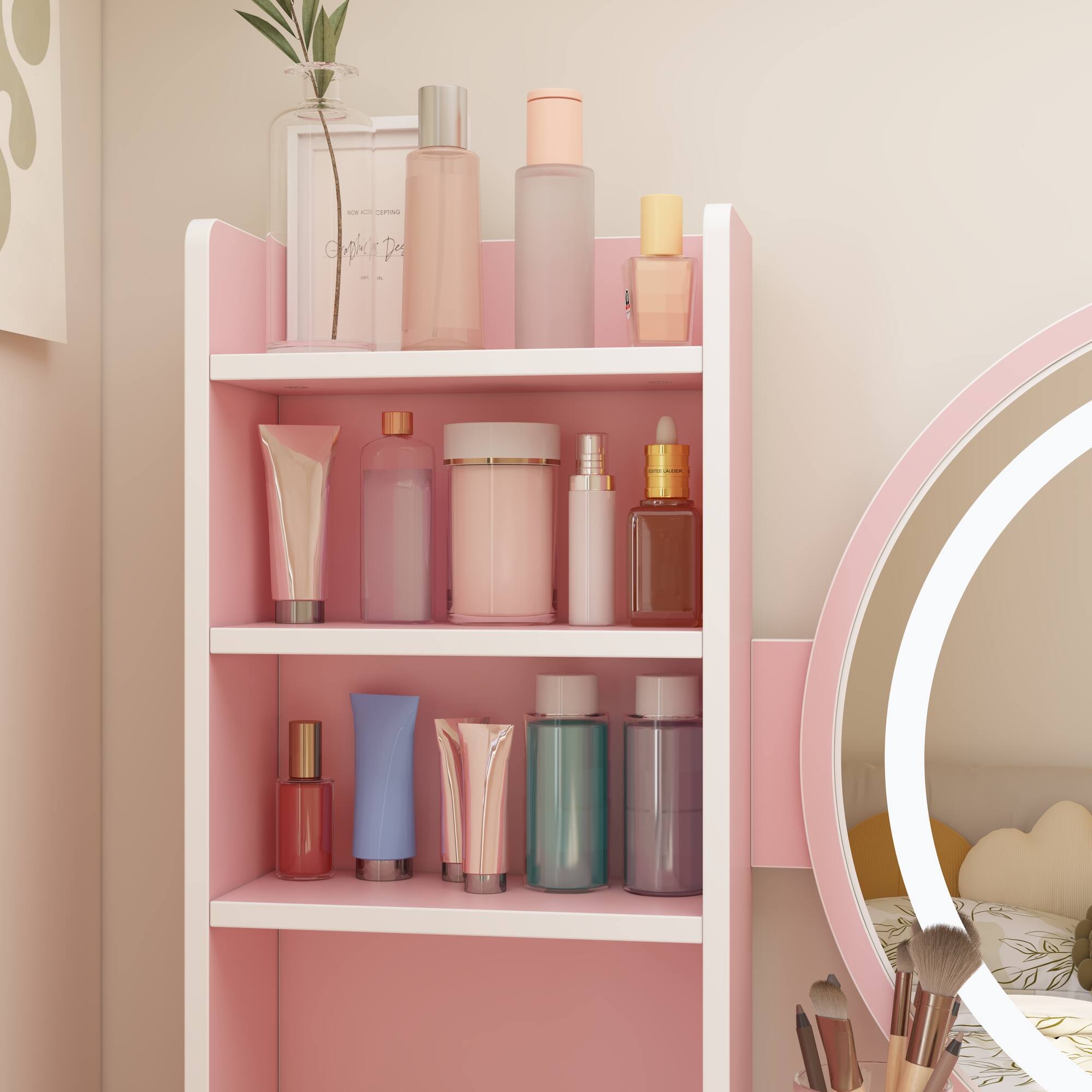 Alt View 2. Famapy - Multi-Color LED Vanity Table Set Ultimate Makeup Dresser Station with Smart Storage - Pink.