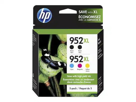 Sure, here is the corrected and grouped text from the image:
---
**hp**
**SAVE WITH XL**
**ÉCONOMISEZ AVEC LA CARTRICHE XL**
**952 XL**
- Black
- Noir
**952 XL**
- Cyan
- Magenta
- Yellow
- Jaune
**Save with high yield ink**
**Économisez avec un rendement élevé cartouche d'encre**
**5-pack / Paquet de 5**
---
This text is organized to reflect the information on the packaging clearly.
