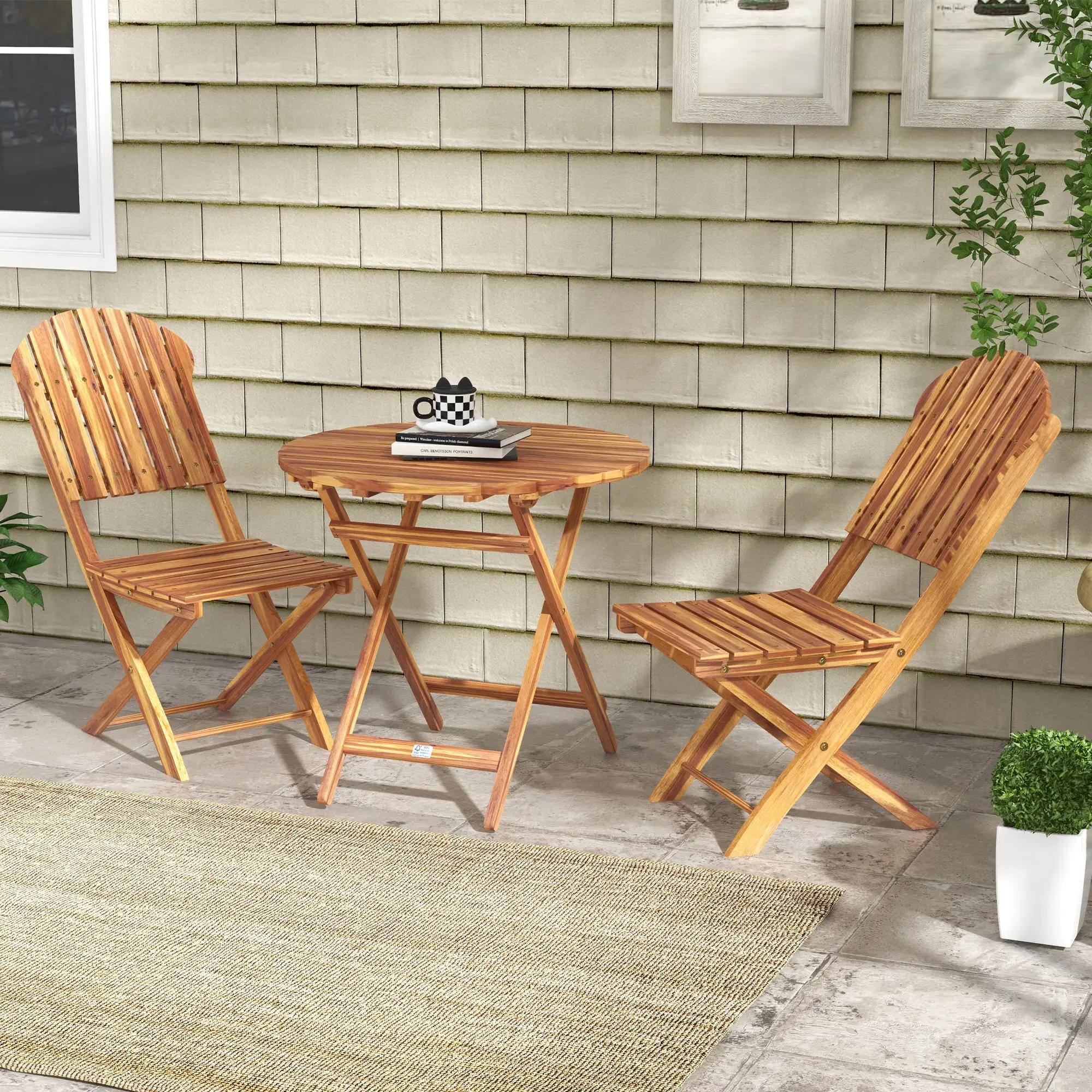 Alt View 7. Resenkos - Resenkos Foldable Outdoor Bistro Set, Two Chairs And A Coffee Table, Acacia Wood, Natural Wood Finish - Natural Wood.