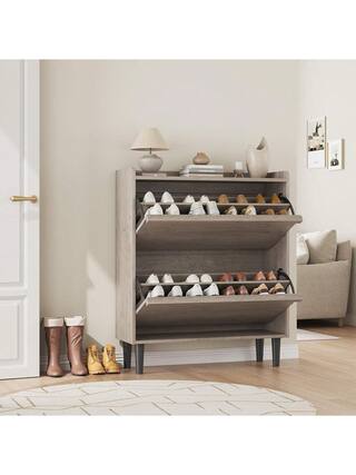 Front. GARVEE - Home Shoe Cabinet With 2 Flip Drawers Wooden Shoe Organizer Cabinet With Adjustable Shelf Shoe Storage - Gray.