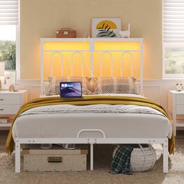 Pinmoco - Platform Bed Frame with LED Storage Headboard & Charging Station Metal Platform Bed - White