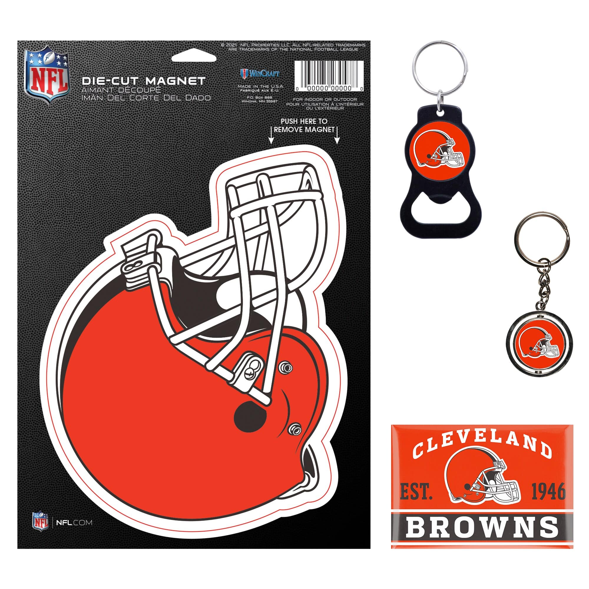 Sure, here is the corrected and grouped text from the image:

---

**Top Left:**
- NFL
- DIE-CUT MAGNET
- AMANT DECOUPÉ
- IMAN DEL CORTE DEL DADO

**Top Right:**
- PUSH HERE TO REMOVE MAGNET

**Bottom Left:**
- NFL.COM
- CLEVELAND
- EST. 1946
- BROWNS

**Bottom Right:**
- CLEVELAND
- EST. 1946
- BROWNS

**Barcode Section:**
- NFL
- DIE-CUT MAGNET
- AMANT DECOUPÉ
- IMAN DEL CORTE DEL DADO
- WINCRAFT
- MADE IN THE U.S.A.
- PUSH HERE TO REMOVE MAGNET
- NFL.COM
- CLEVELAND
- EST. 1946
- BROWNS

**Additional Text:**
- NFL
- DIE-CUT MAGNET
- AMANT DECOUPÉ
- IMAN DEL CORTE DEL DADO
- WINCRAFT
- MADE IN THE U.S.A.
- PUSH HERE TO REMOVE MAGNET
- NFL.COM
- CLEVELAND
- EST. 