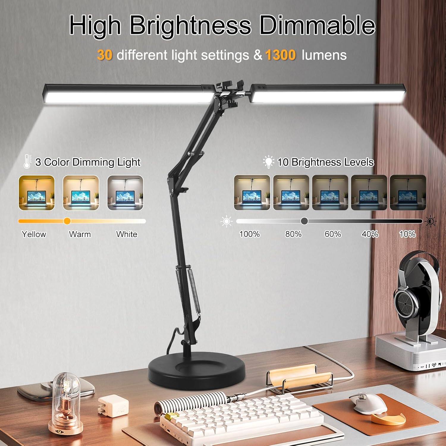 High Brightness Dimmable  
30 different light settings & 1300 lumens  

3 Color Dimming Light  
Yellow Warm White  

10 Brightness Levels  
100% 80% 60% 40% 10%
