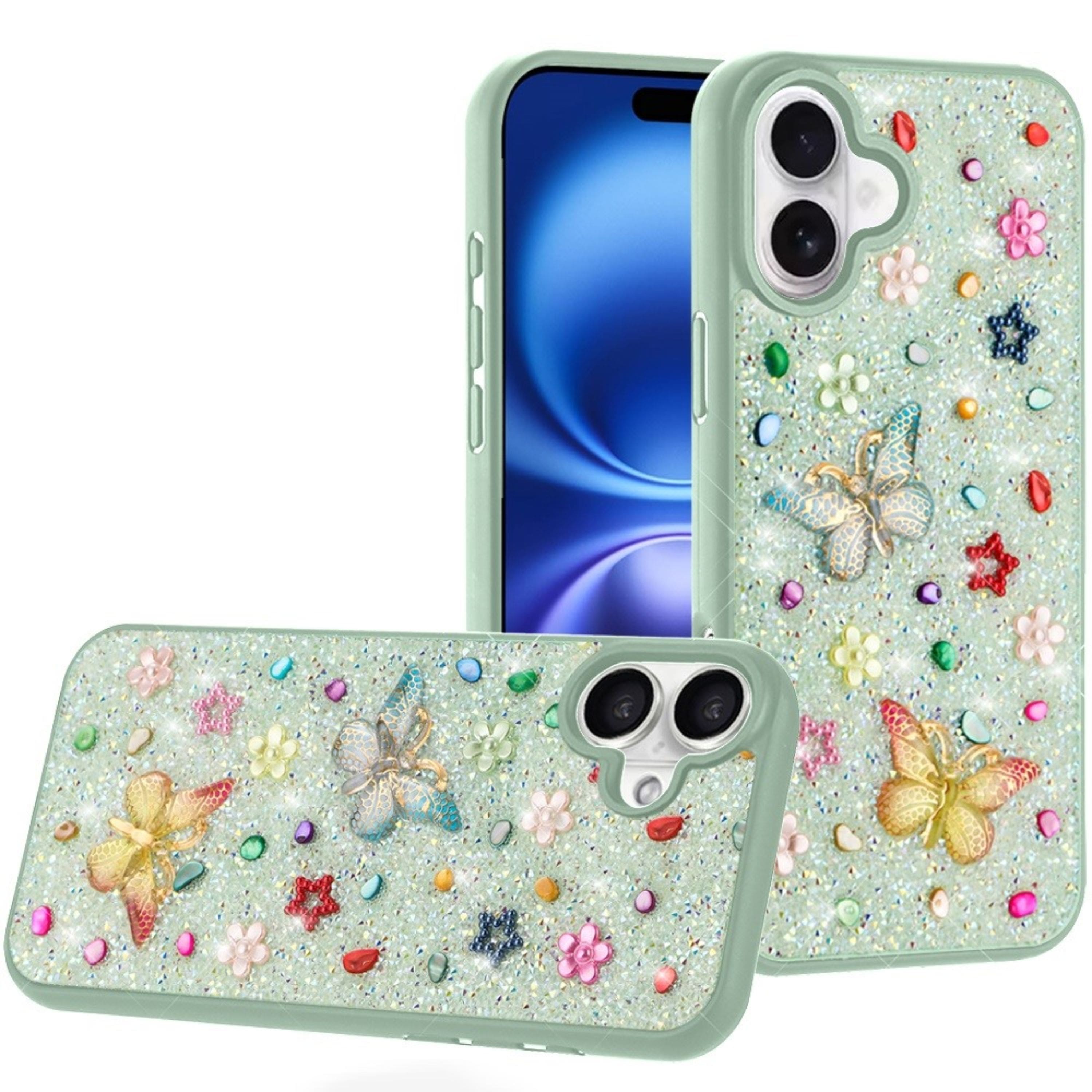 Kitcheniva - Butterfly 3D Jewel Glitter Bling Phone Cover Plus Tempered Glass For iPhone 17 - Teal price history on PriceWatchPro