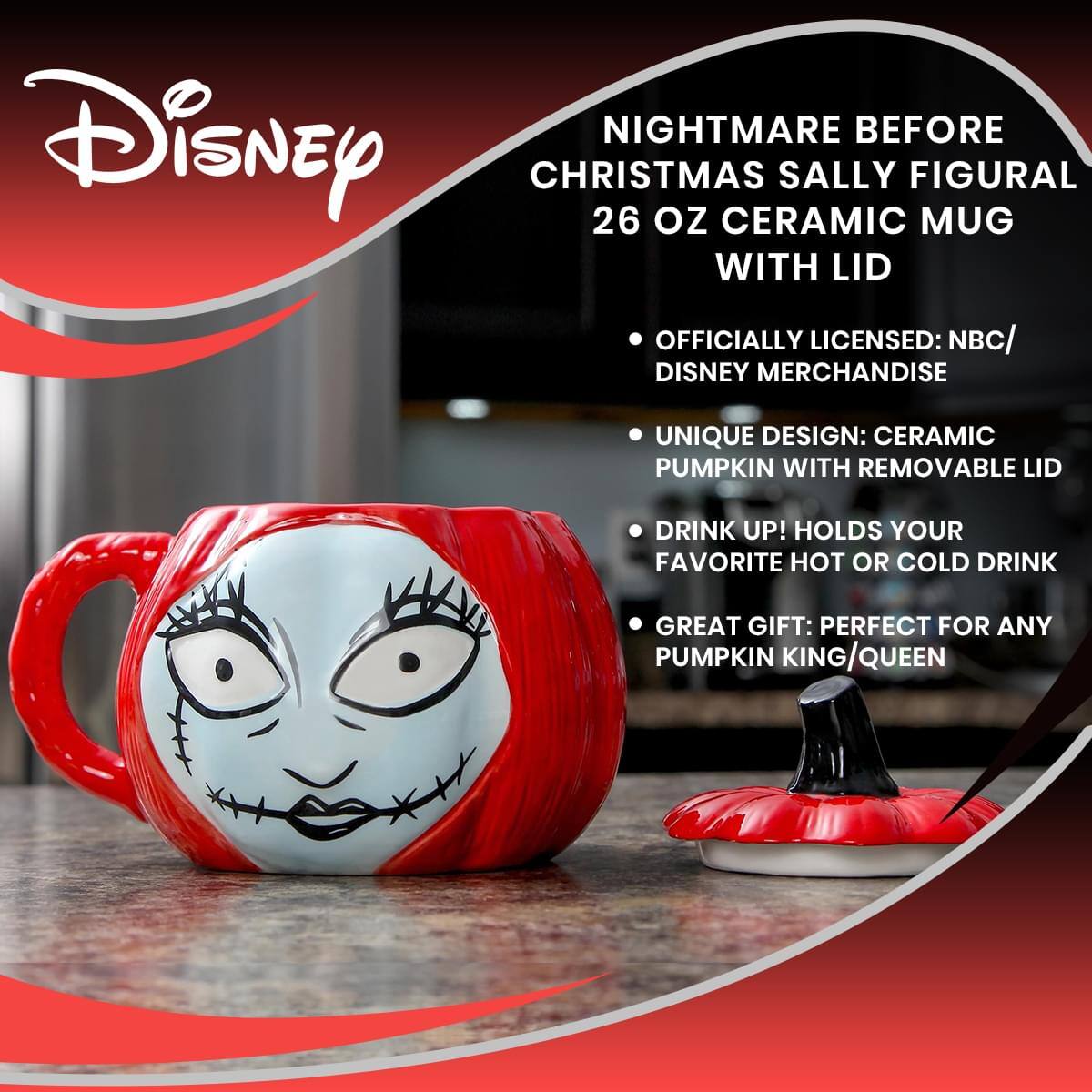 NIGHTMARE BEFORE CHRISTMAS 26 OZ CERAMIC SALLY FIGURAL MUG WITH LID  
OFFICIALLY LICENSED: NBC/ DISNEY MERCHANDISE  
UNIQUE DESIGN: CERAMIC PUMPKIN WITH REMOVABLE LID  
DRINK UP! HOLDS YOUR FAVORITE HOT OR COLD DRINK  
GREAT GIFT: PERFECT FOR ANY PUMPKIN KING/QUEEN