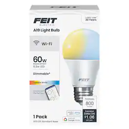 FEIT ELECTRIC - Feit A19 E26 (Medium) Smart-Enabled LED Bulb Adjustable White 60 Watt Equivalence 1 pk