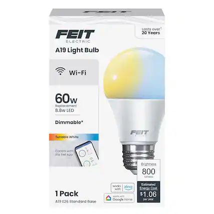 FEIT ELECTRIC A19 Light Bulb
Lasts over 20 Years
Wi-Fi
60w Replacement
8.8w LED
Dimmable*
Tunable White
Control with the Feit App
Brightness 800 lumens
1 Pack
A19 E26 Standard Base
Works with Alexa
Works with Google Home
Estimated Energy Cost $1.06 per year