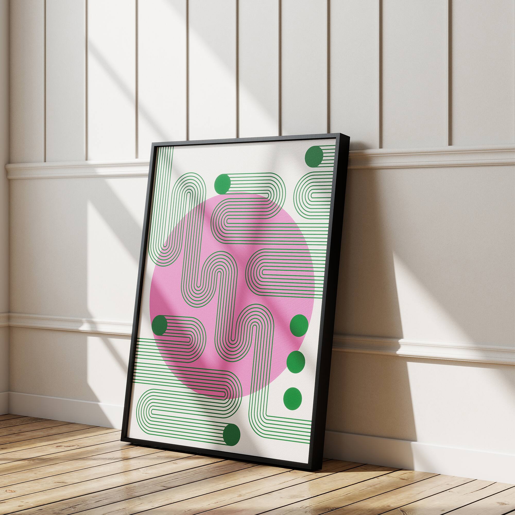 Back. HOMLUX - 1 Piece Framed Abstract Canvas Wall Art Pink Circle Wall Decor Green Line Art Decorative Canvas Print 24 in. x 18 in. - Multi-Colored.