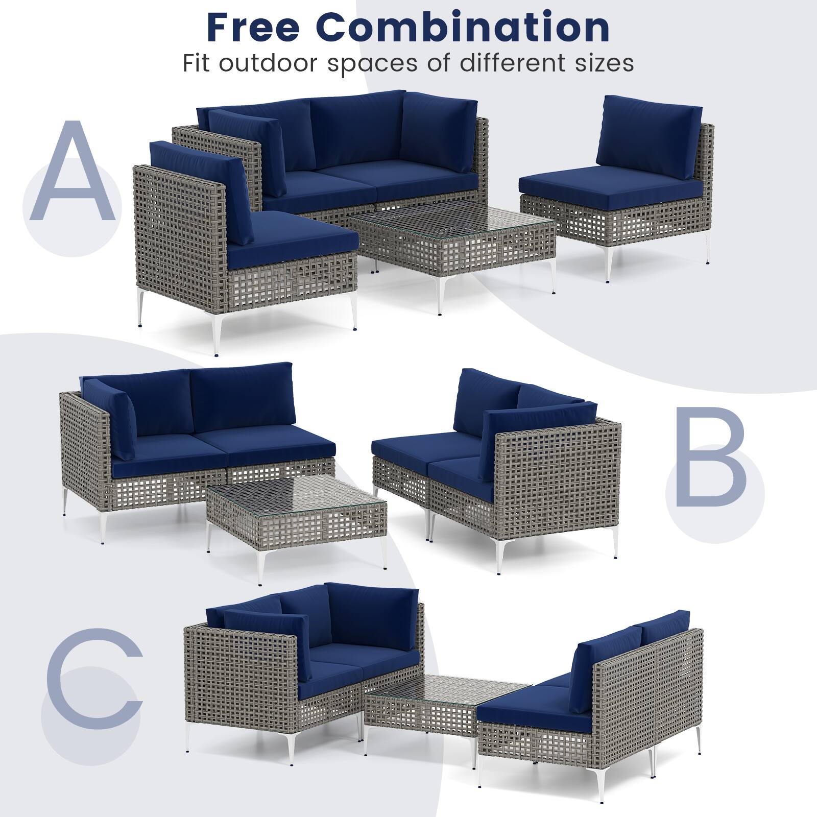 Free Combination  
Fit outdoor spaces of different sizes  

A  
B  
C