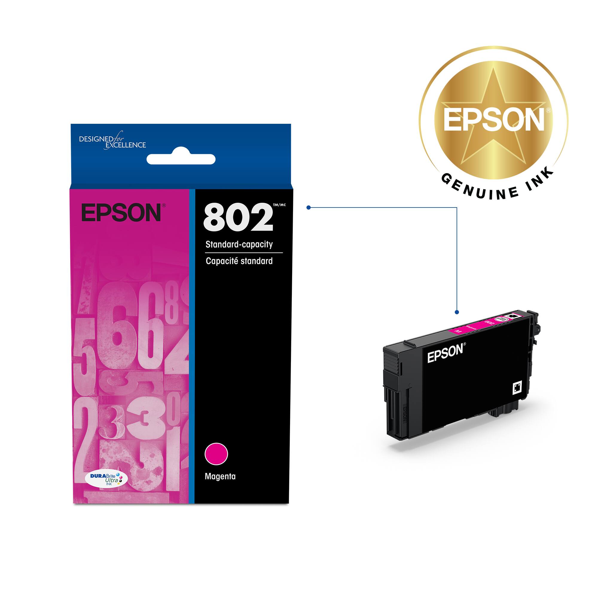 The text on the image reads:

"Designed for Excellence Epson 802 Standard-capacity Cartridge Capacity Standard 60ml Magenta EPSON Genuine Ink."