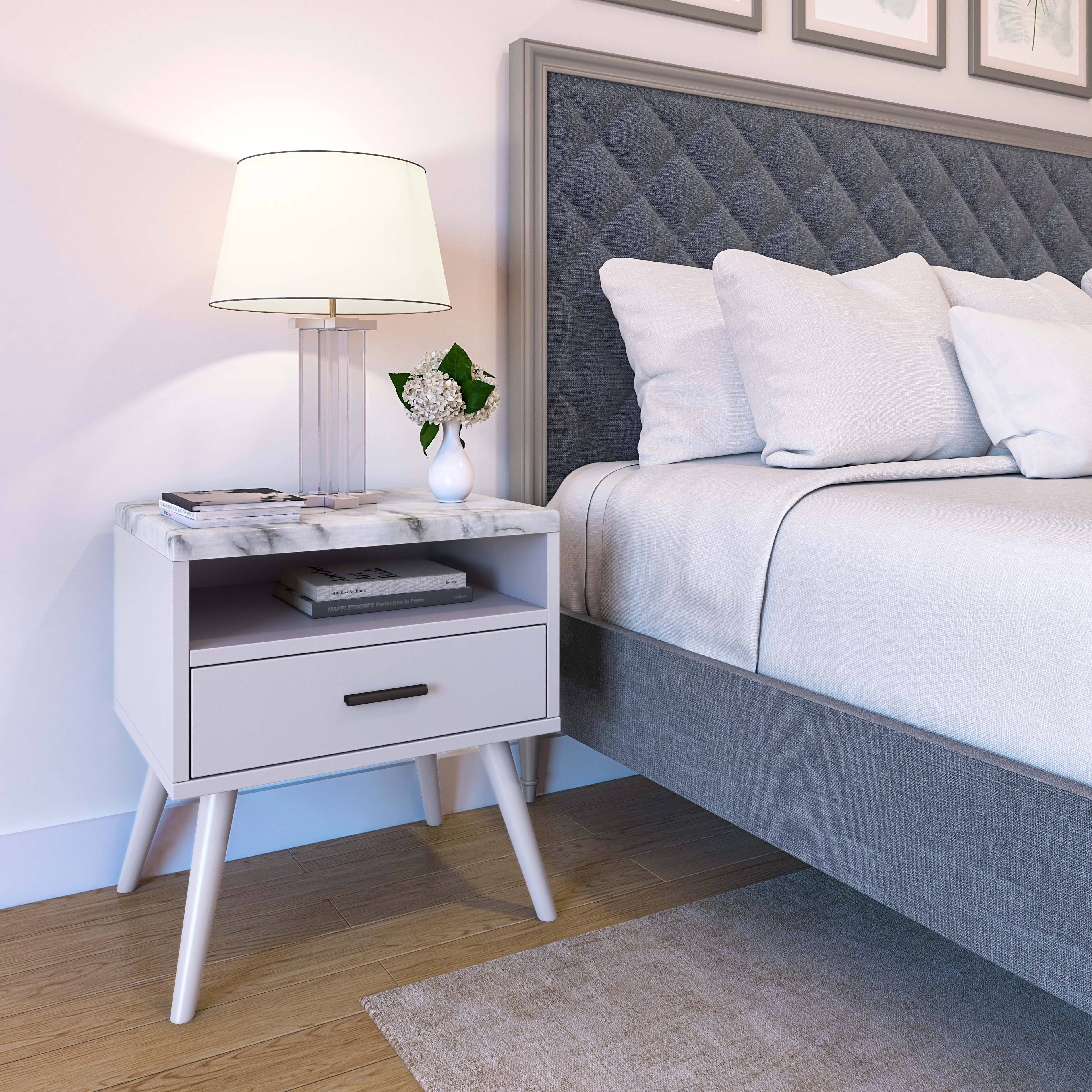Alt View 3. Boyd Sleep - Boyd Sleep 21.6" Faux Marble Top Marcello Mid Century Nightstand - White.