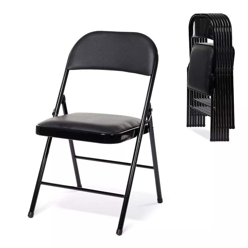 Front. Essen Blissed - 8 Pack Folding Chairs with Padded Seats for Events Home Office, Pu Leather Folding Chair Black - Black.