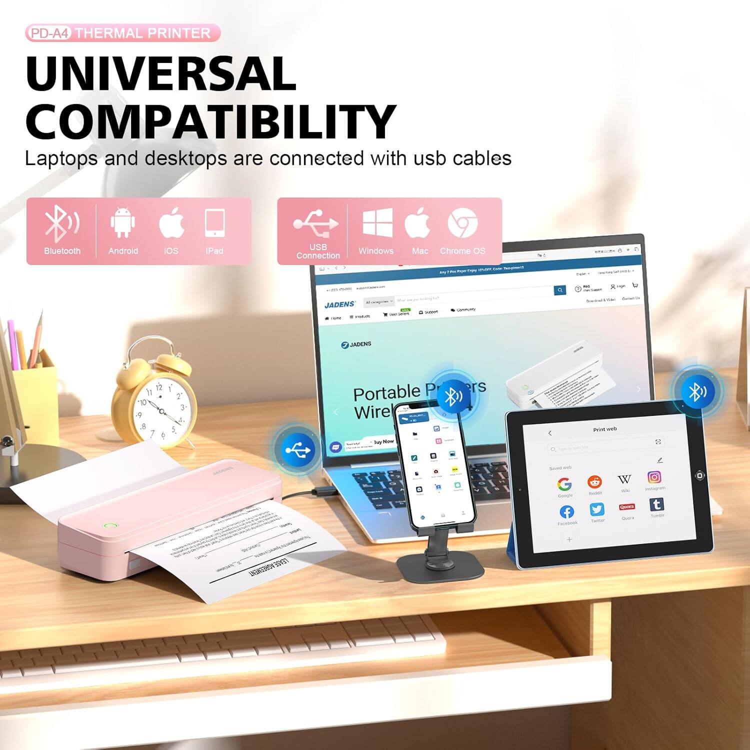 Alt View 1. JADENS - PD-A4 Portable Thermal Printer – Wireless & USB, Ink-Free, Long Battery Life, Includes 200 Sheets of A4 Thermal Paper - Pink.