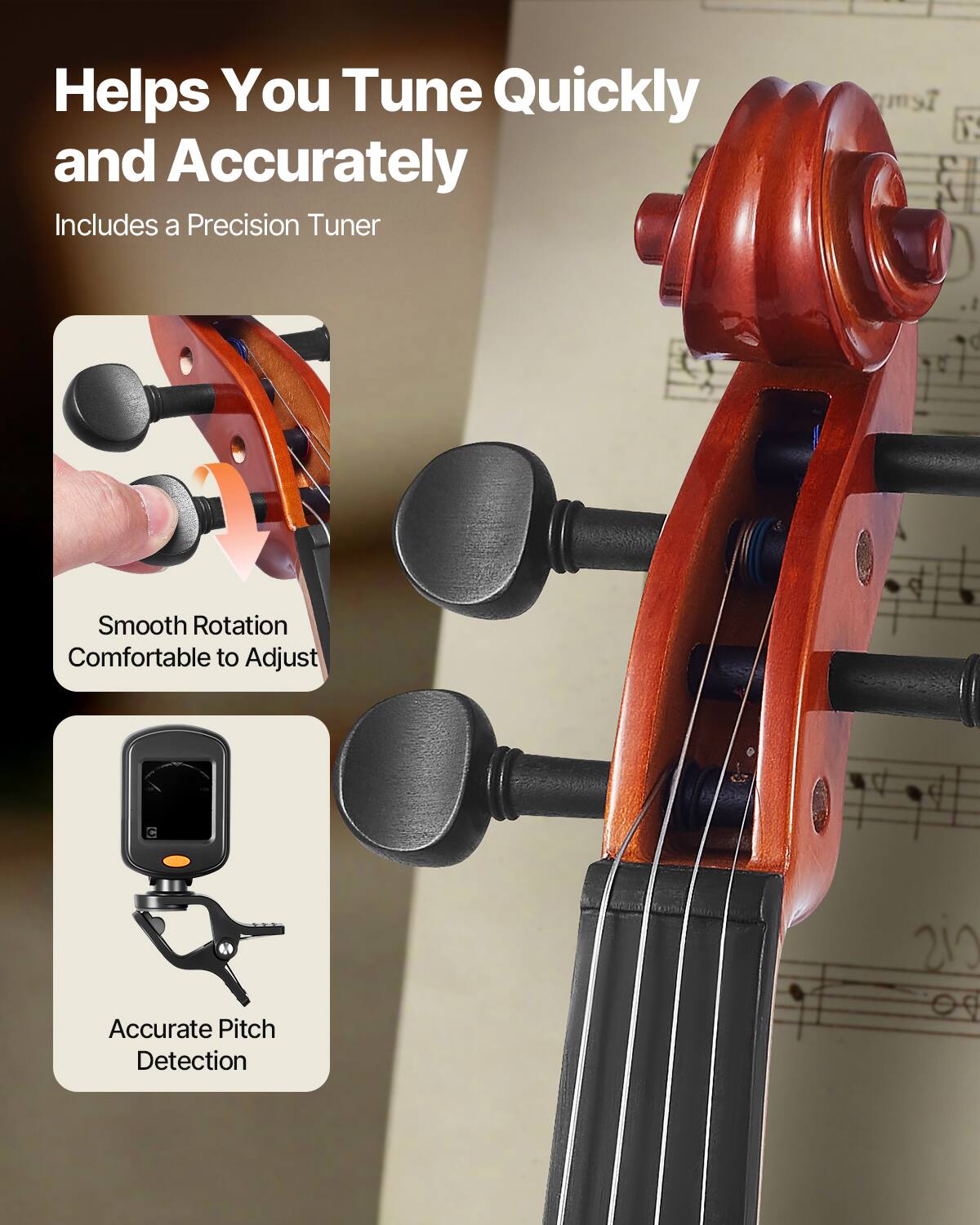 Helps You Tune Quickly and Accurately  
Includes a Precision Tuner  

Smooth Rotation  
Comfortable to Adjust  

Accurate Pitch Detection