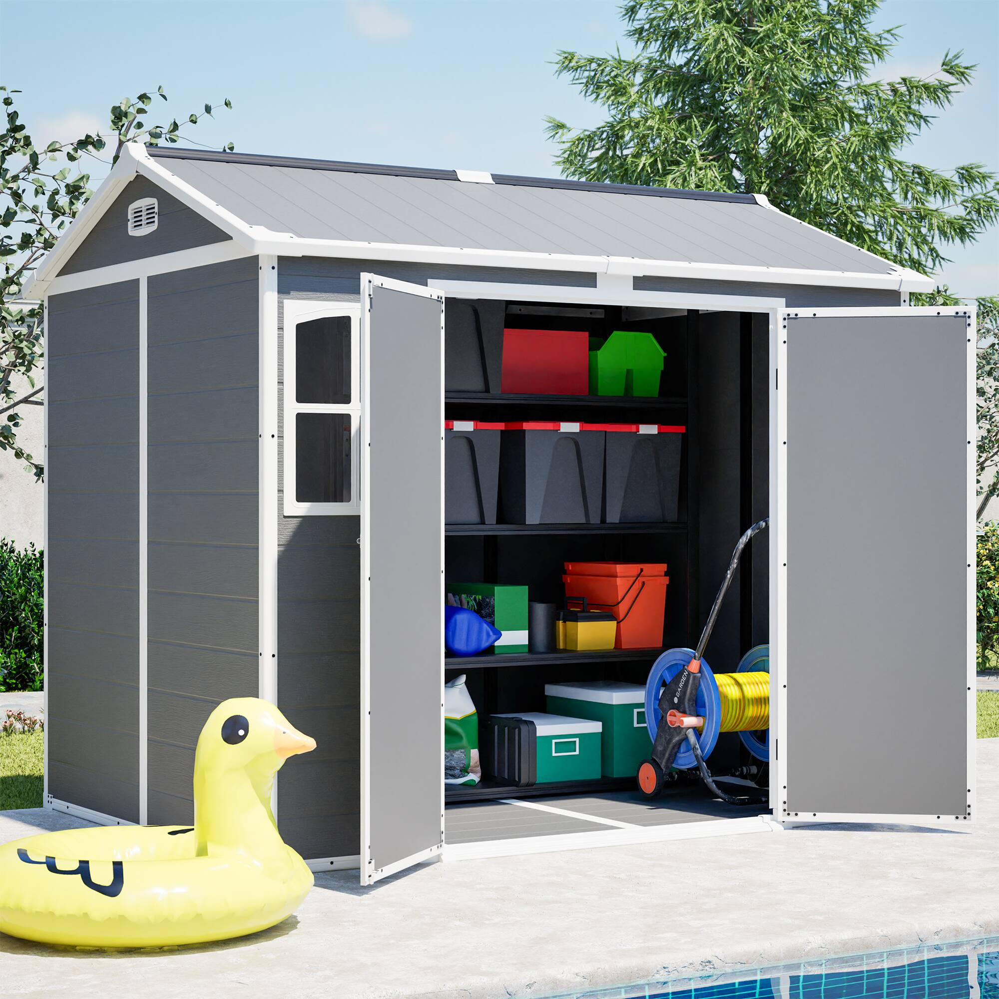 Alt View 9. Loheer - Loheer 8x6 Plastic Storage Shed with Floor Lockable Outdoor Organizer for Garden Tools and Trash Bins Gray.