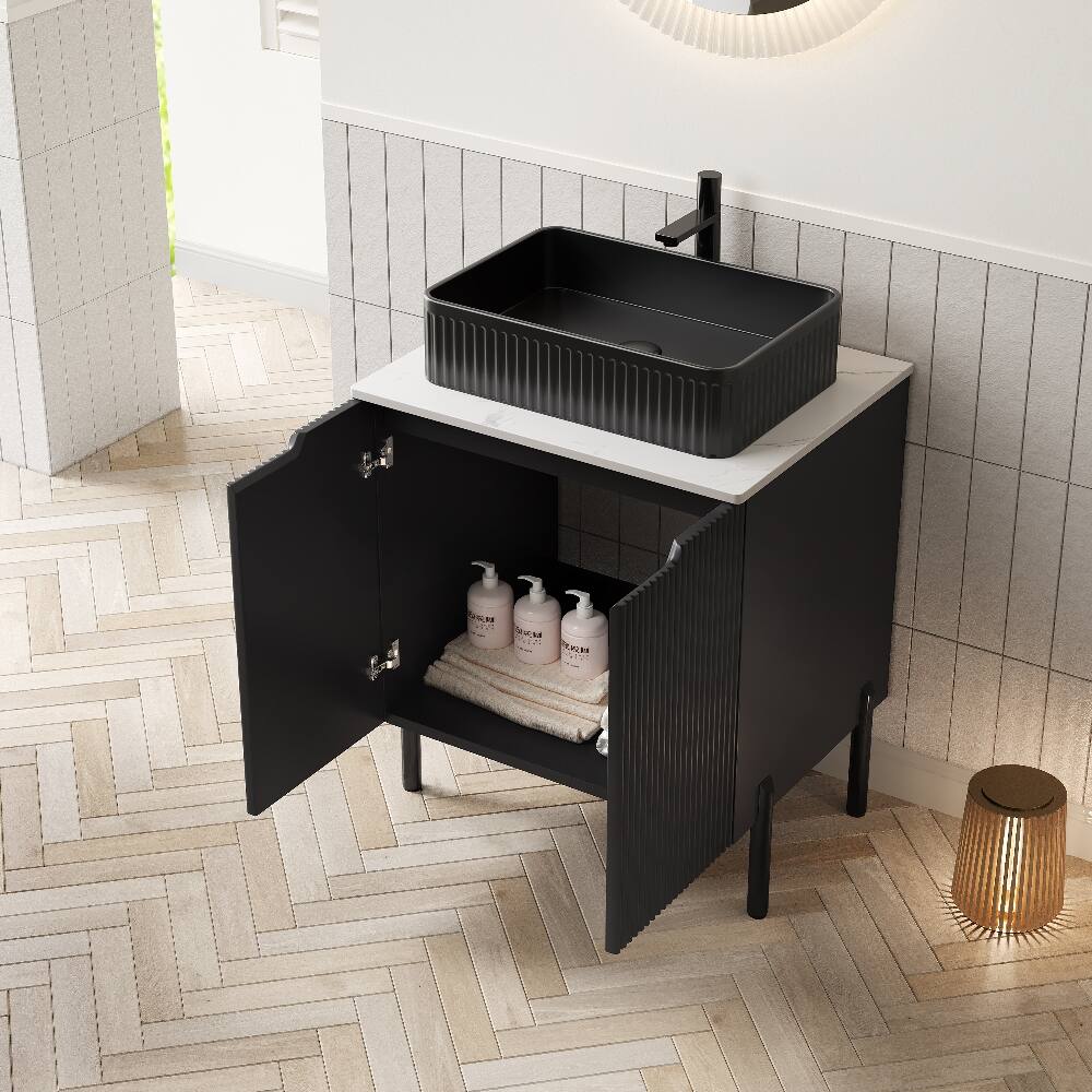 Angle. Loheer - 24 inch bathroom vanity with sink, freestanding bathroom storage cabinet, carrara white counter top - Black.