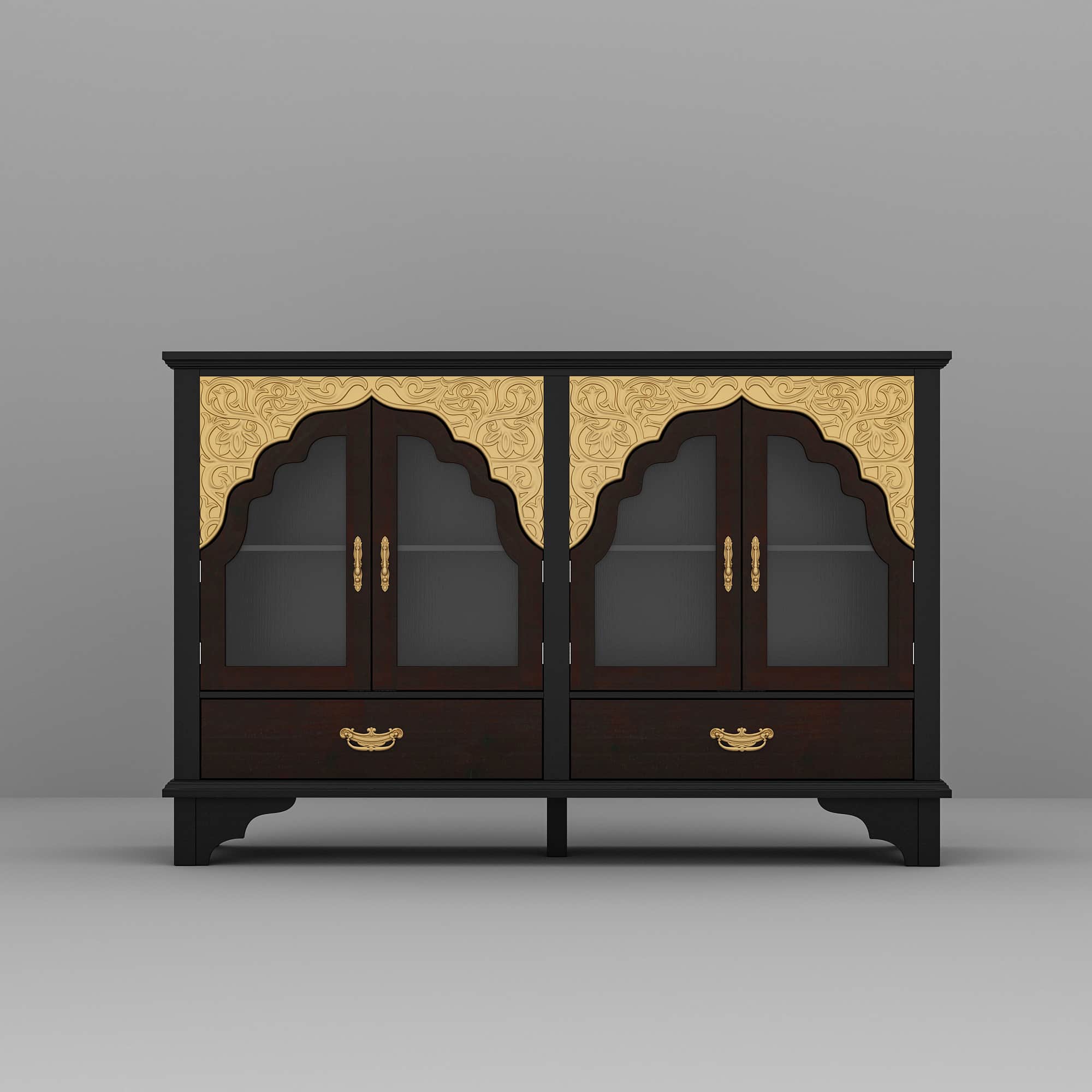Famapy - Retro Storage Cabinet - Ornate Gold Accents, Glass Doors & Drawers for Home Display - Black