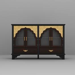 Famapy - Retro Storage Cabinet - Ornate Gold Accents, Glass Doors & Drawers for Home Display - Black