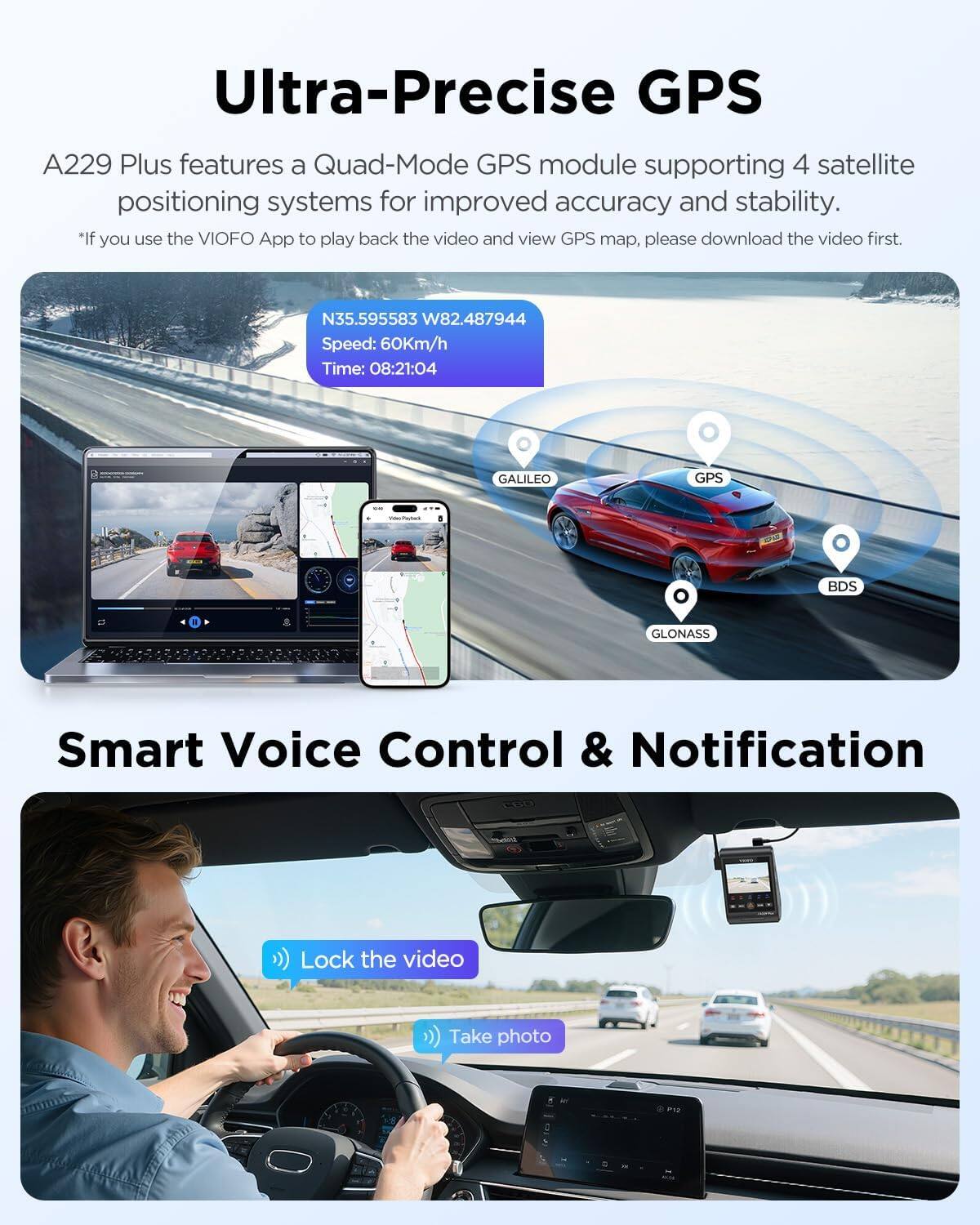 Ultra-Precise GPS

A229 Plus features a Quad-Mode GPS module supporting 4 satellite positioning systems for improved accuracy and stability. *If you use the VIOFO App to play back the video and view GPS map, please download the video first.

N35.595583 W82.487944  
Speed: 60Km/h  
Time: 08:21:04  

GALILEO GPS BDS GLONASS

Smart Voice Control & Notification

Lock the video  
Take photo