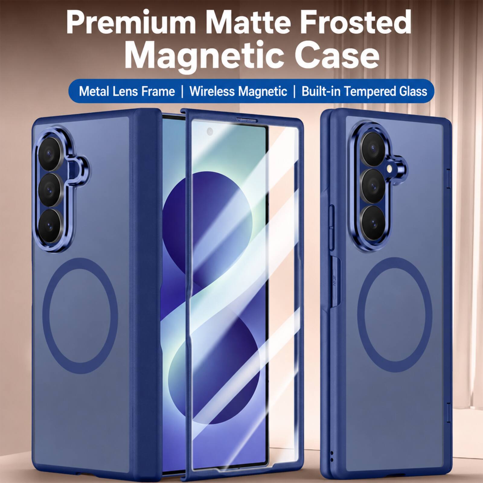 Premium Matte Frosted Magnetic Case  
Metal Lens Frame | Wireless Magnetic | Built-in Tempered Glass