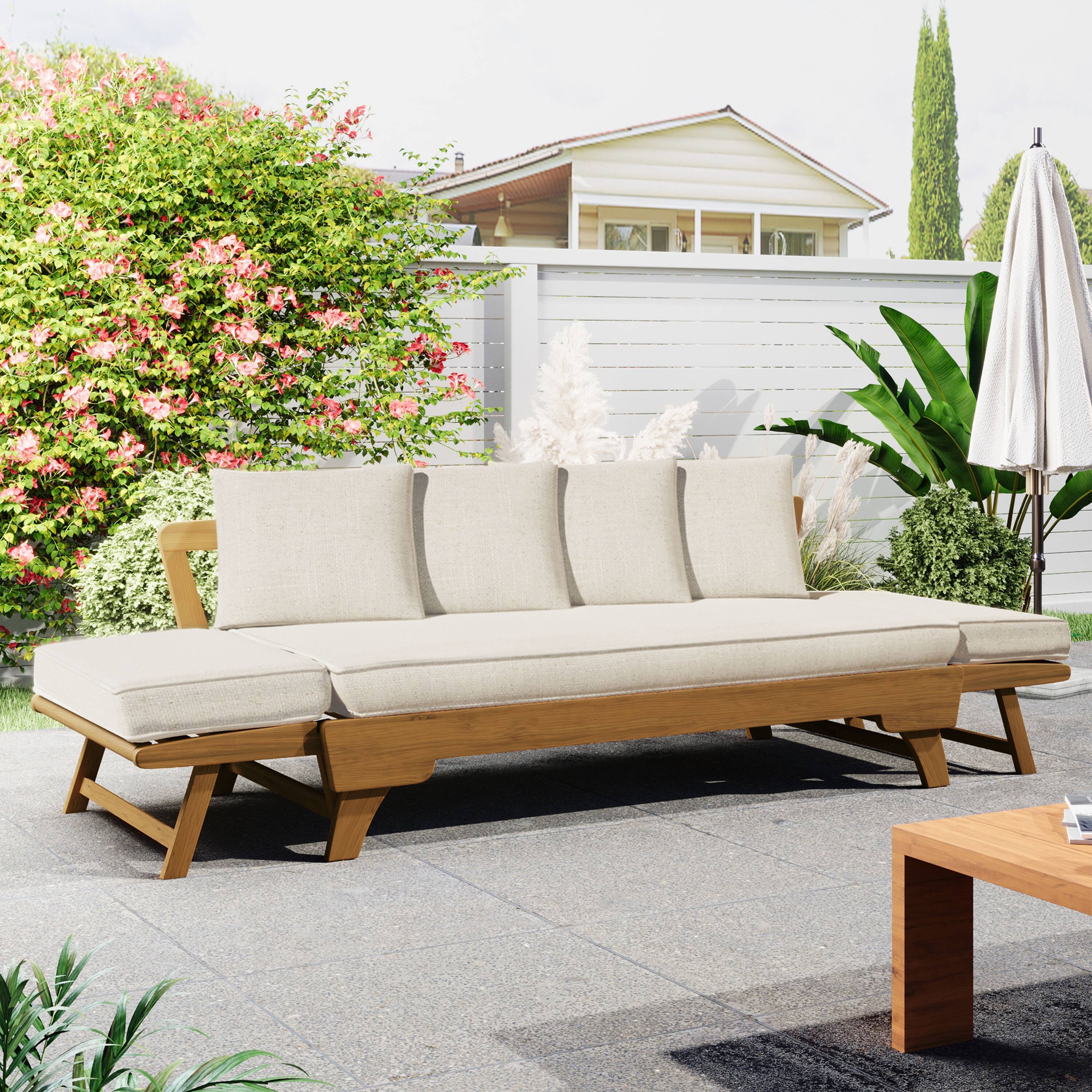Angle. Mondawe - Outdoor Patio Daybed Sofa with Foldable Arm 4 Back Pillows - Teak+ Beige.