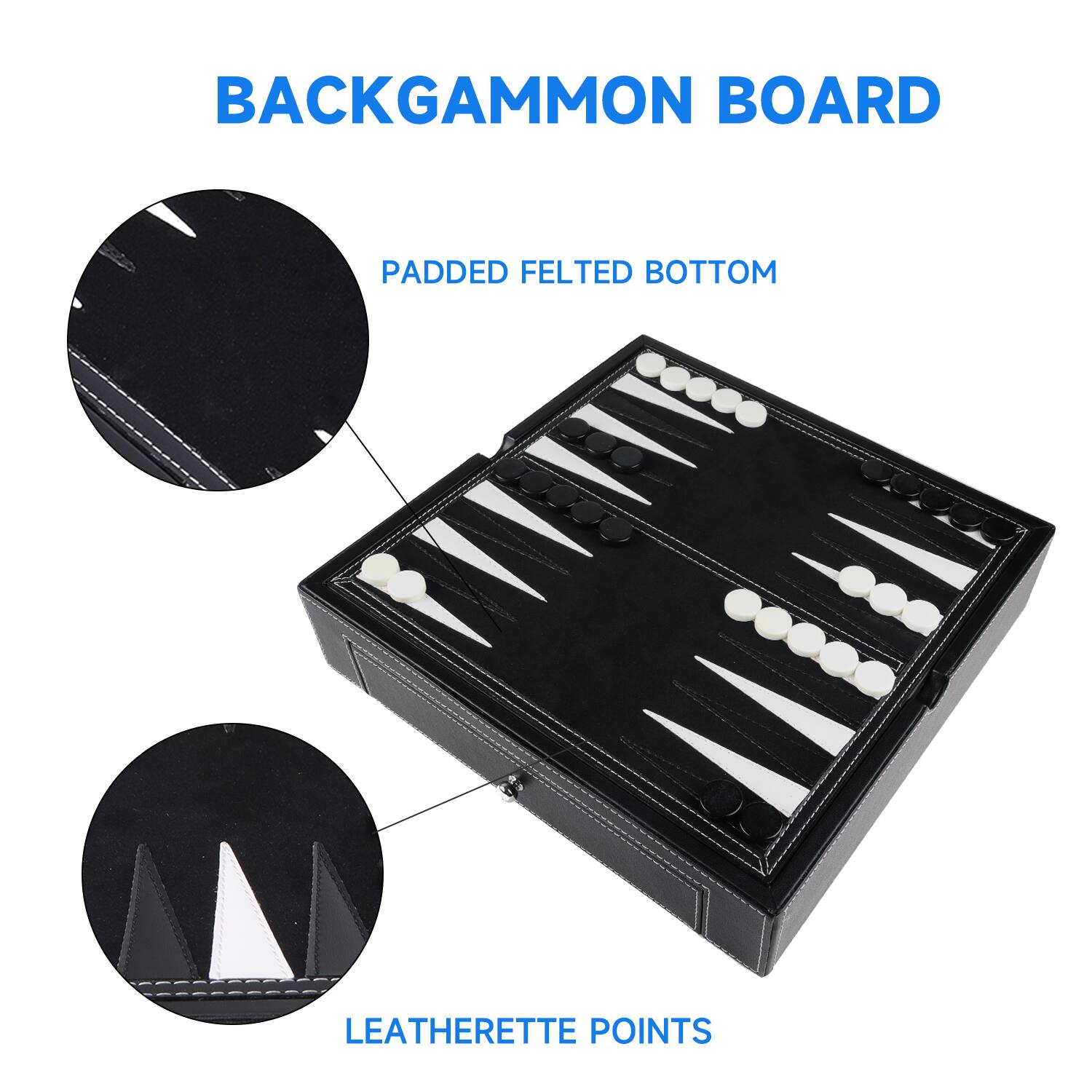 BACKGAMMON BOARD
PADDED FELTED BOTTOM
LEATHERETTE POINTS